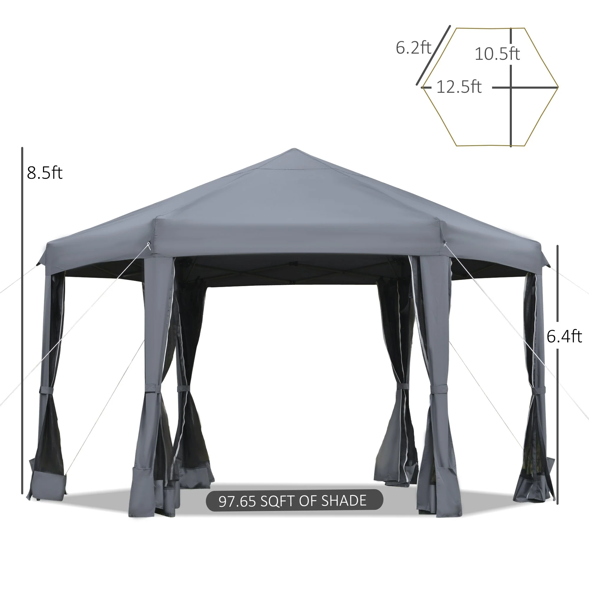 Outsunny 3.2M Pop Up Gazebo Hexagonal Canopy Tent Outdoor Sun Protection With Mesh Sidewalls Handy Bag Grey - Image 3