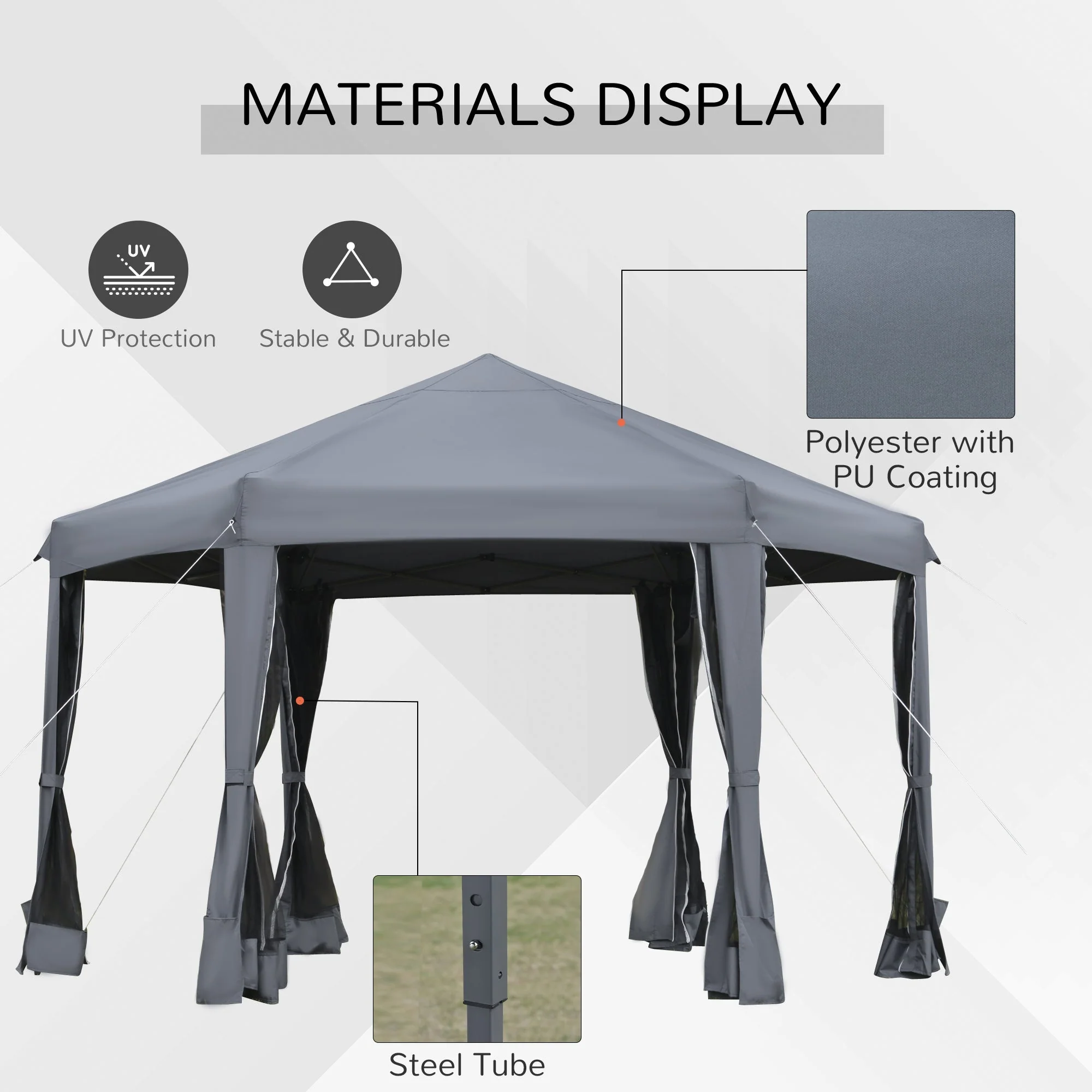 Outsunny 3.2M Pop Up Gazebo Hexagonal Canopy Tent Outdoor Sun Protection With Mesh Sidewalls Handy Bag Grey - Image 5