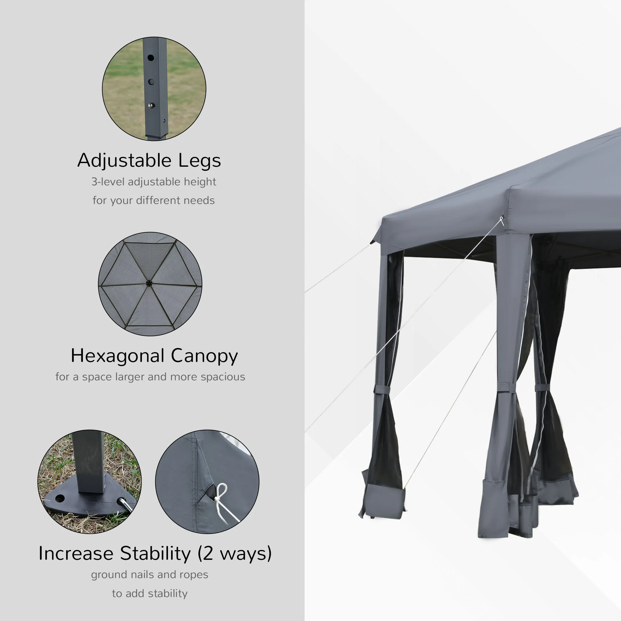Outsunny 3.2M Pop Up Gazebo Hexagonal Canopy Tent Outdoor Sun Protection With Mesh Sidewalls Handy Bag Grey - Image 6