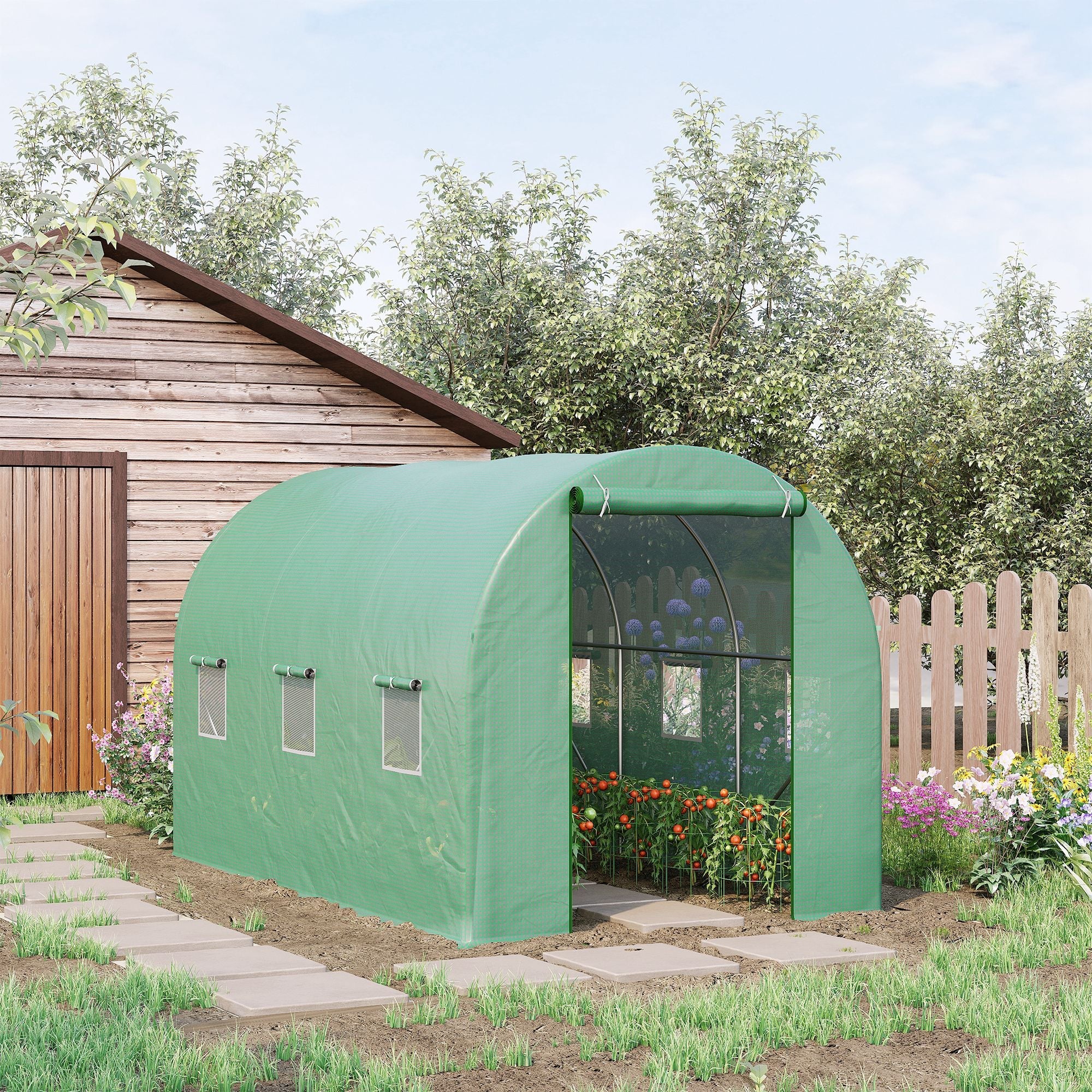 Outsunny 3.5 X 2M Walk-In Polytunnel Greenhouse With Steel Frame Pe Cover Roll-Up Door And 6 Windows Green - Image 2