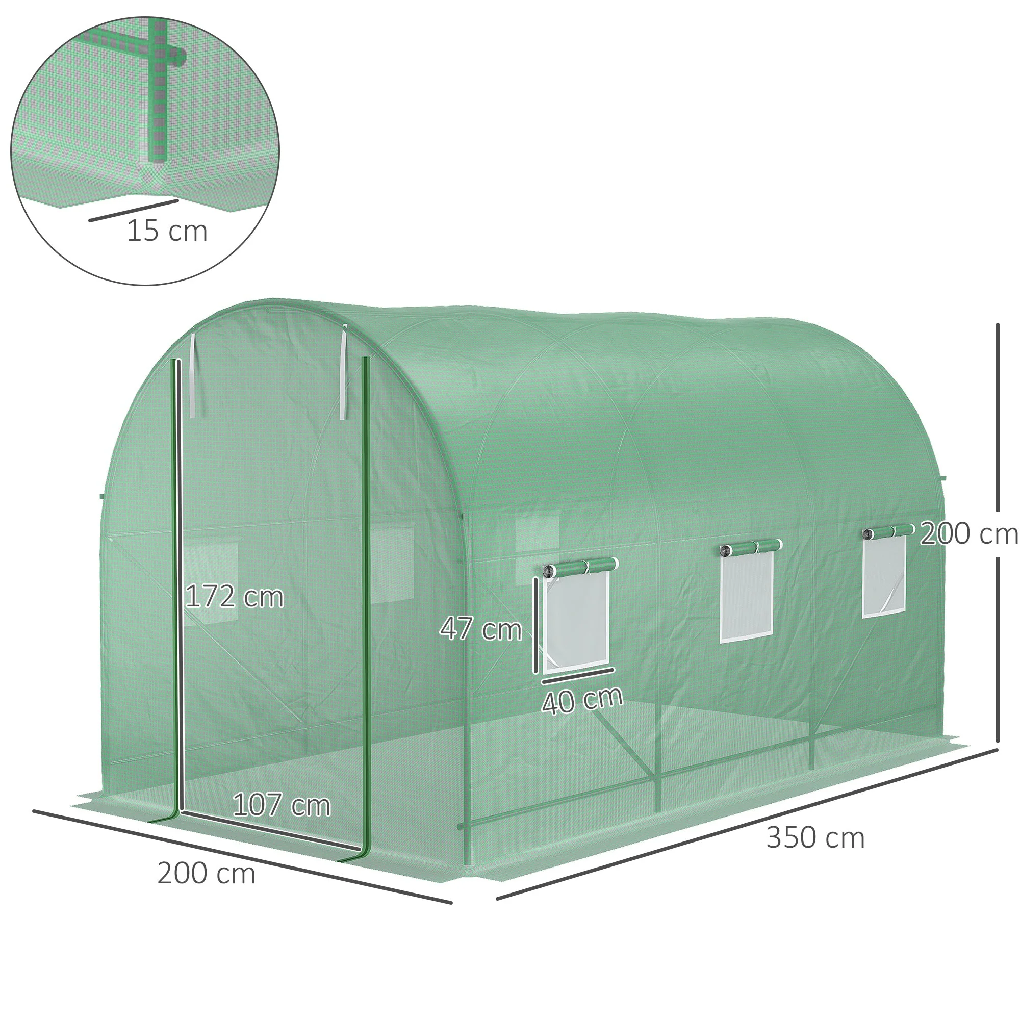 Outsunny 3.5 X 2M Walk-In Polytunnel Greenhouse With Steel Frame Pe Cover Roll-Up Door And 6 Windows Green - Image 3
