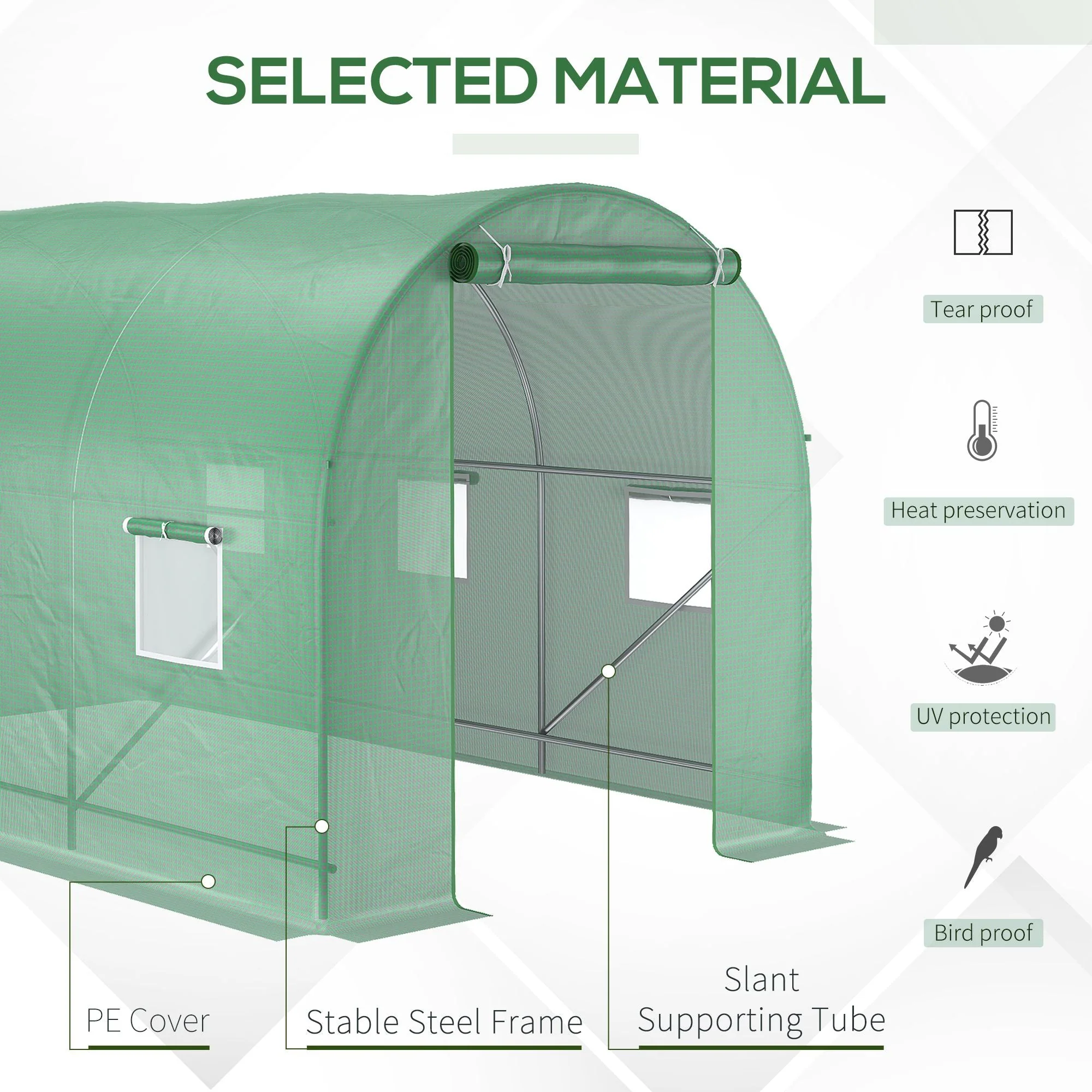 Outsunny 3.5 X 2M Walk-In Polytunnel Greenhouse With Steel Frame Pe Cover Roll-Up Door And 6 Windows Green - Image 4