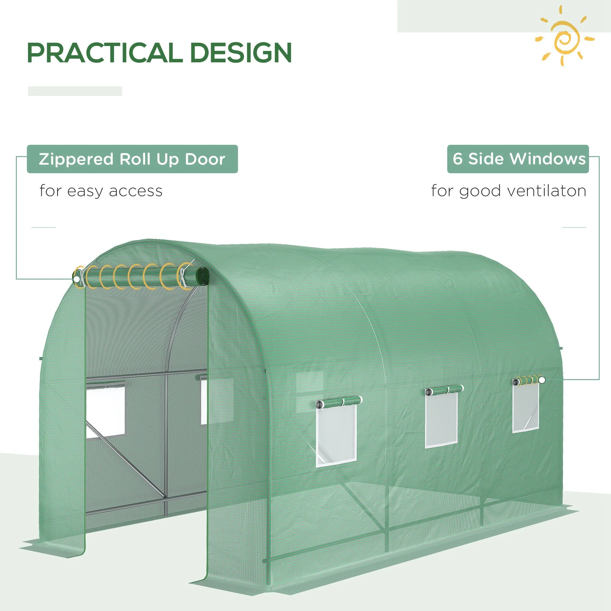 Outsunny 3.5 X 2M Walk-In Polytunnel Greenhouse With Steel Frame Pe Cover Roll-Up Door And 6 Windows Green - Image 6
