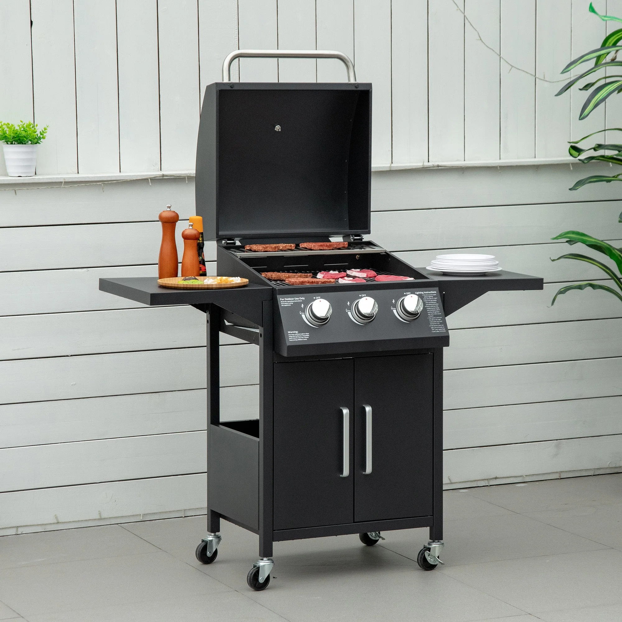 Outsunny 3 Burner Gas Bbq Grill Outdoor Portable Barbecue Trolley W/ Warming Rack - Image 2