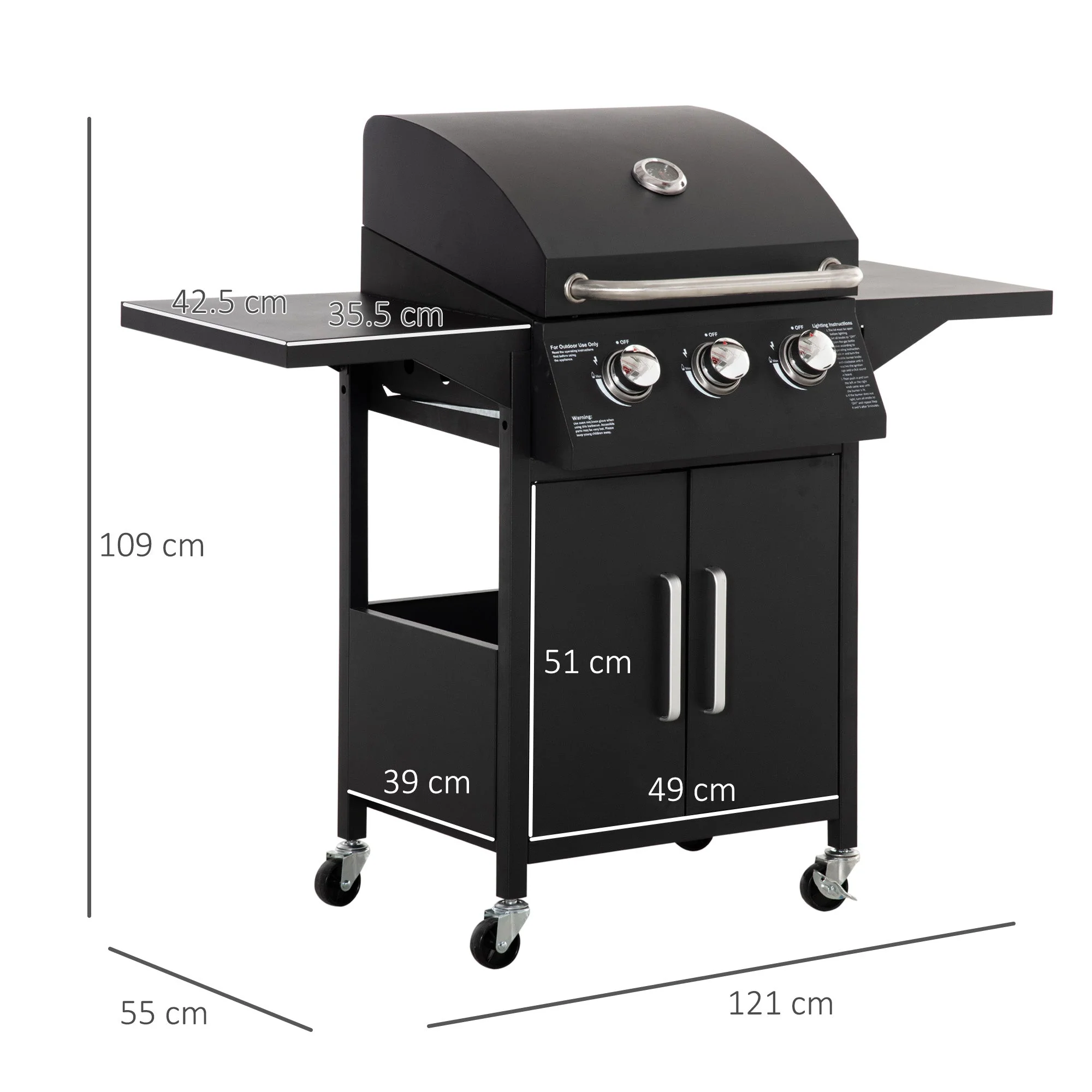 Outsunny 3 Burner Gas Bbq Grill Outdoor Portable Barbecue Trolley W/ Warming Rack - Image 3
