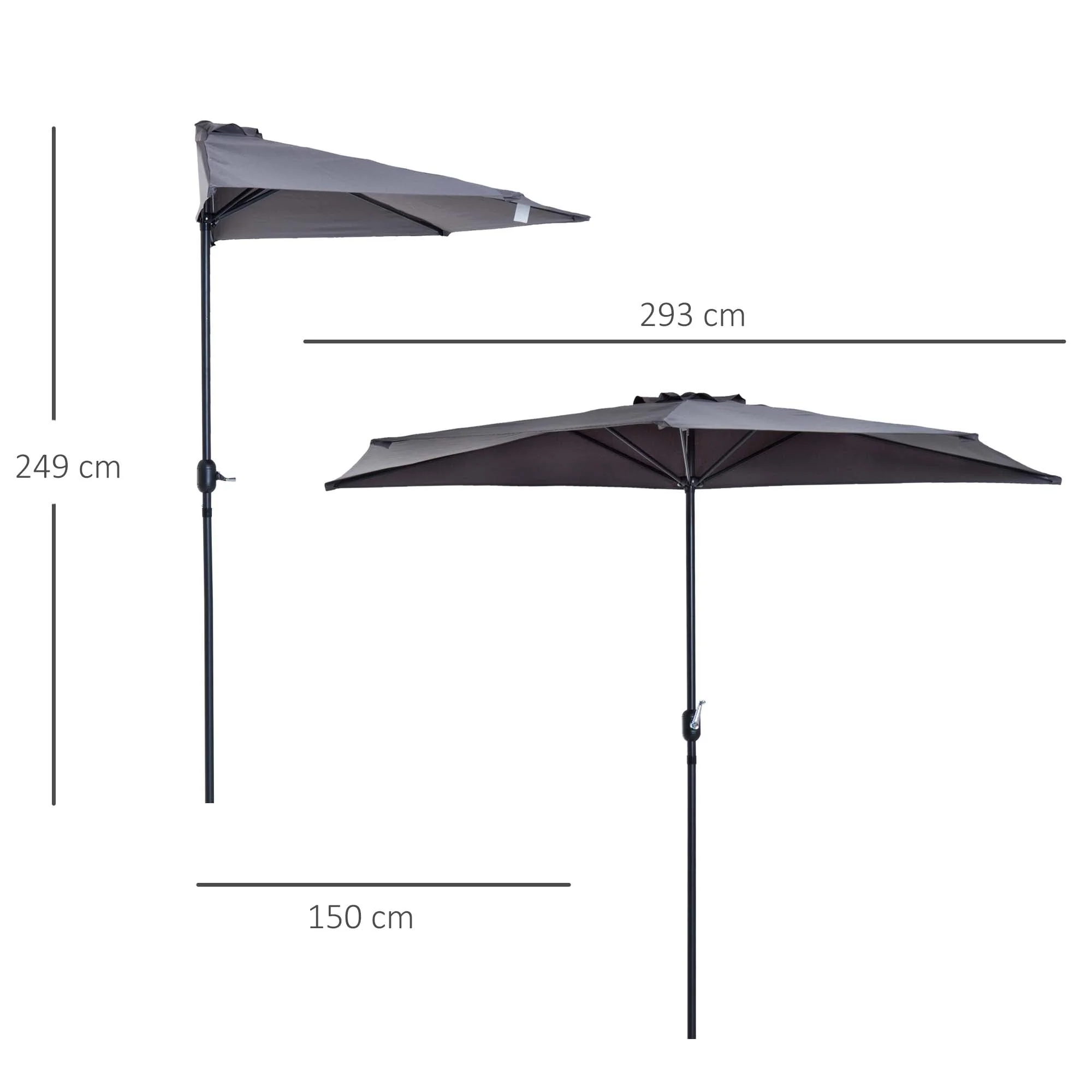 Outsunny 3 m Half Round Umbrella Parasol-Grey - Image 2