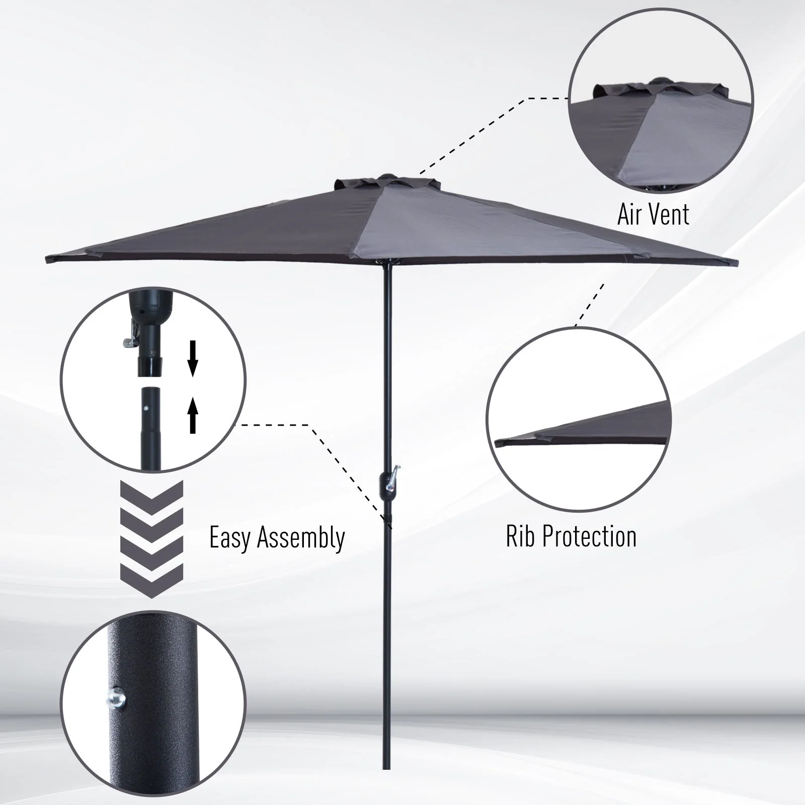 Outsunny 3 m Half Round Umbrella Parasol-Grey - Image 4