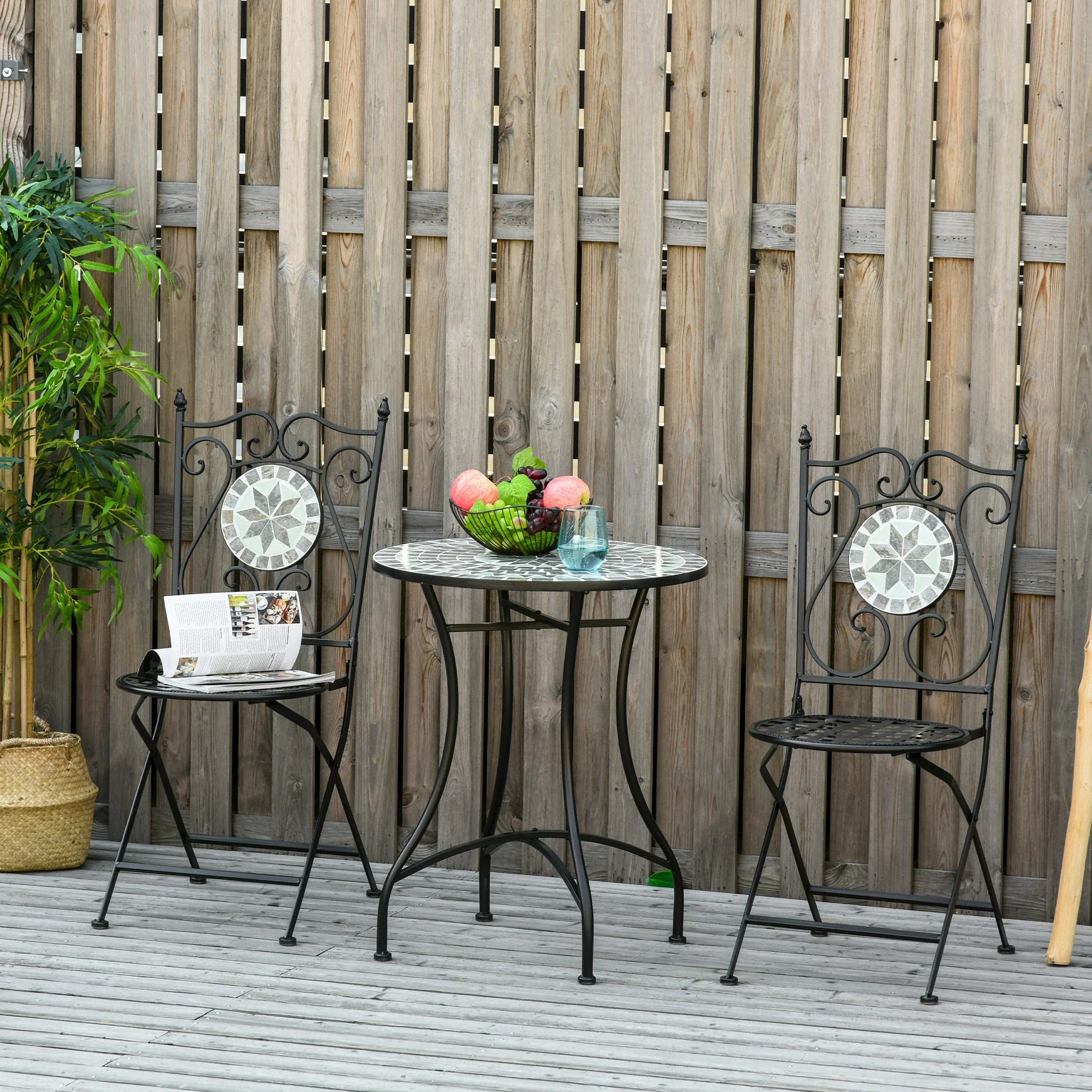 Outsunny 3 Pcs Mosaic Tile Garden Bistro Set Outdoor Seating w/ Table 2 Folding Chairs Set Metal Frame Elegant Scrolling Indoor Patio Balcony - Image 2