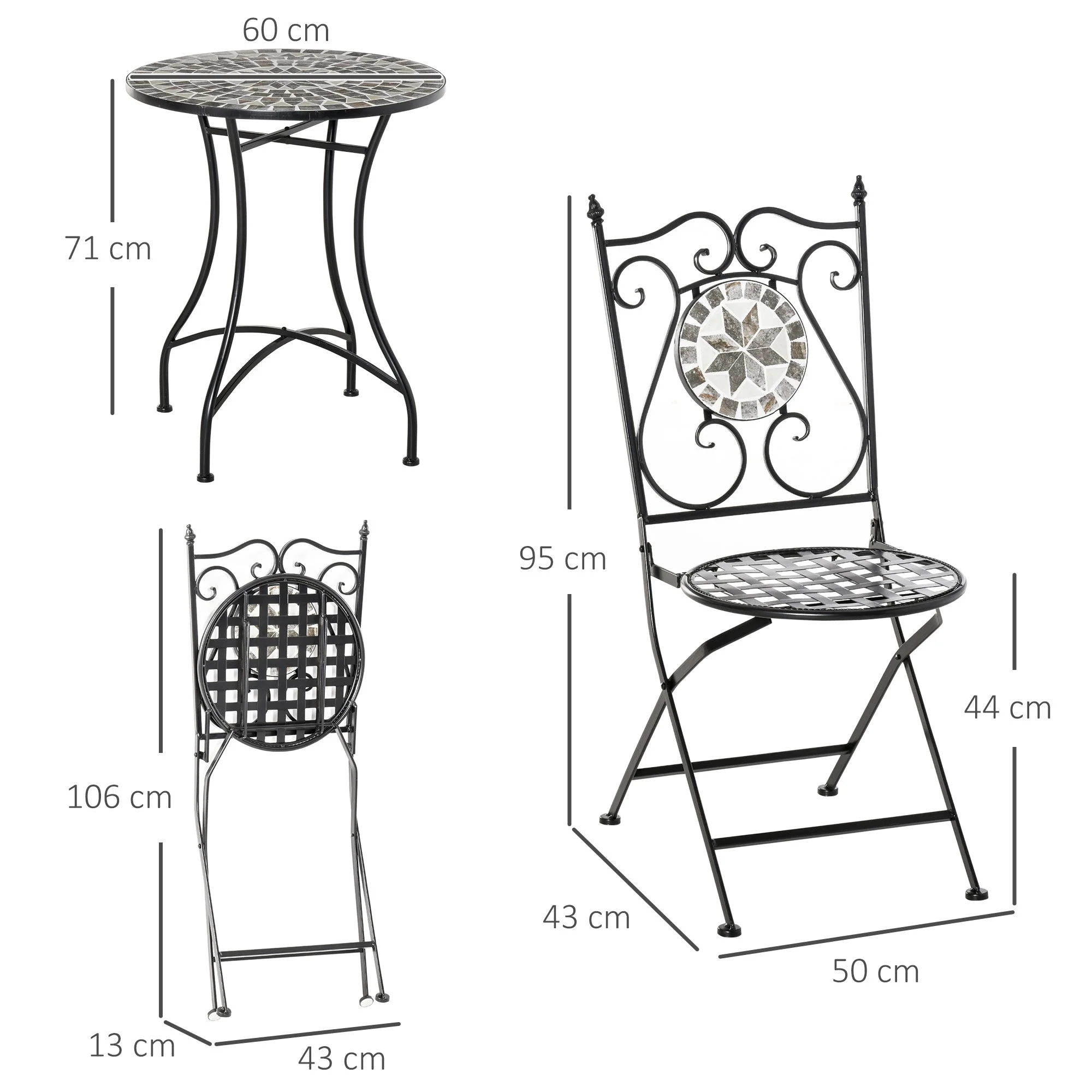 Outsunny 3 Pcs Mosaic Tile Garden Bistro Set Outdoor Seating w/ Table 2 Folding Chairs Set Metal Frame Elegant Scrolling Indoor Patio Balcony - Image 3