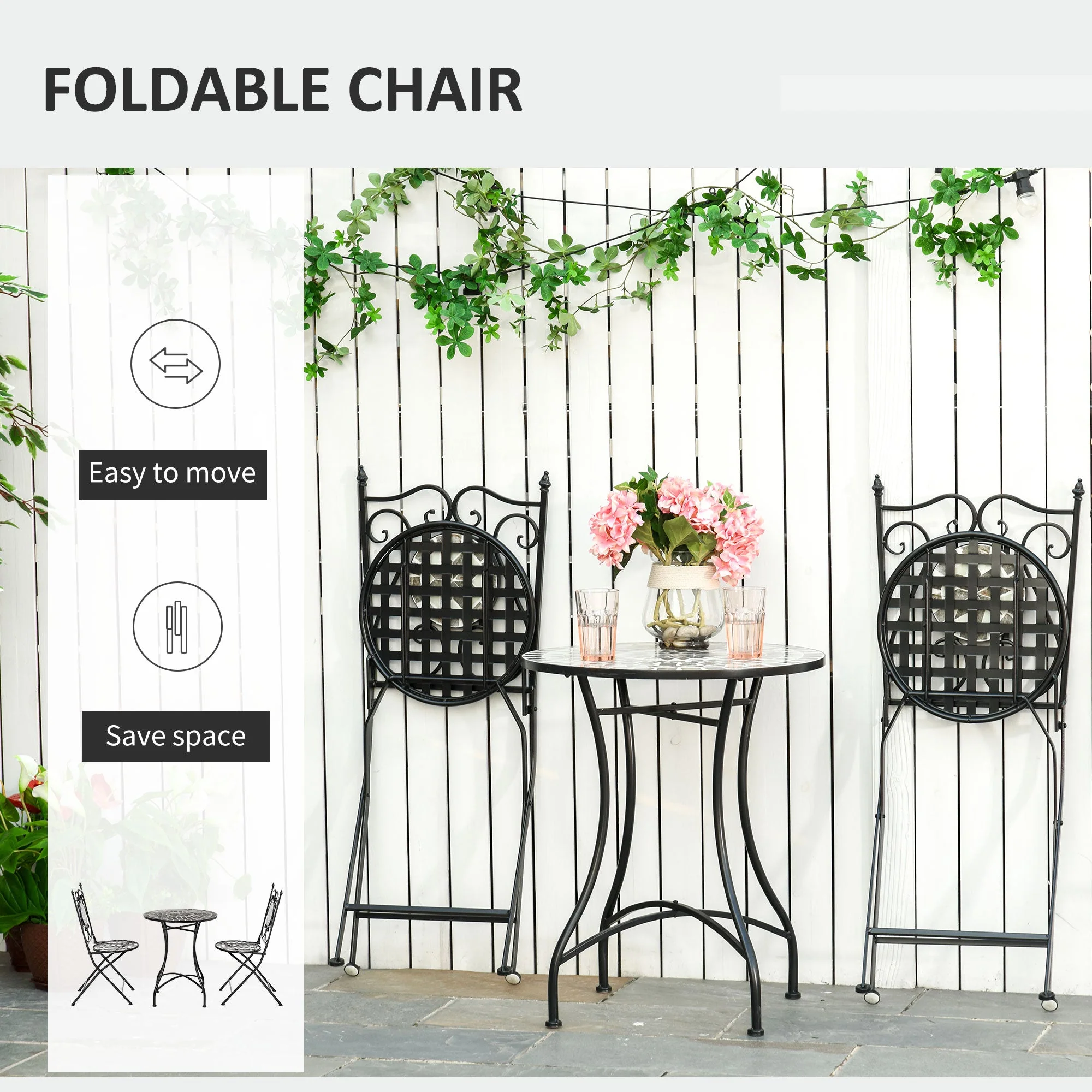 Outsunny 3 Pcs Mosaic Tile Garden Bistro Set Outdoor Seating w/ Table 2 Folding Chairs Set Metal Frame Elegant Scrolling Indoor Patio Balcony - Image 4