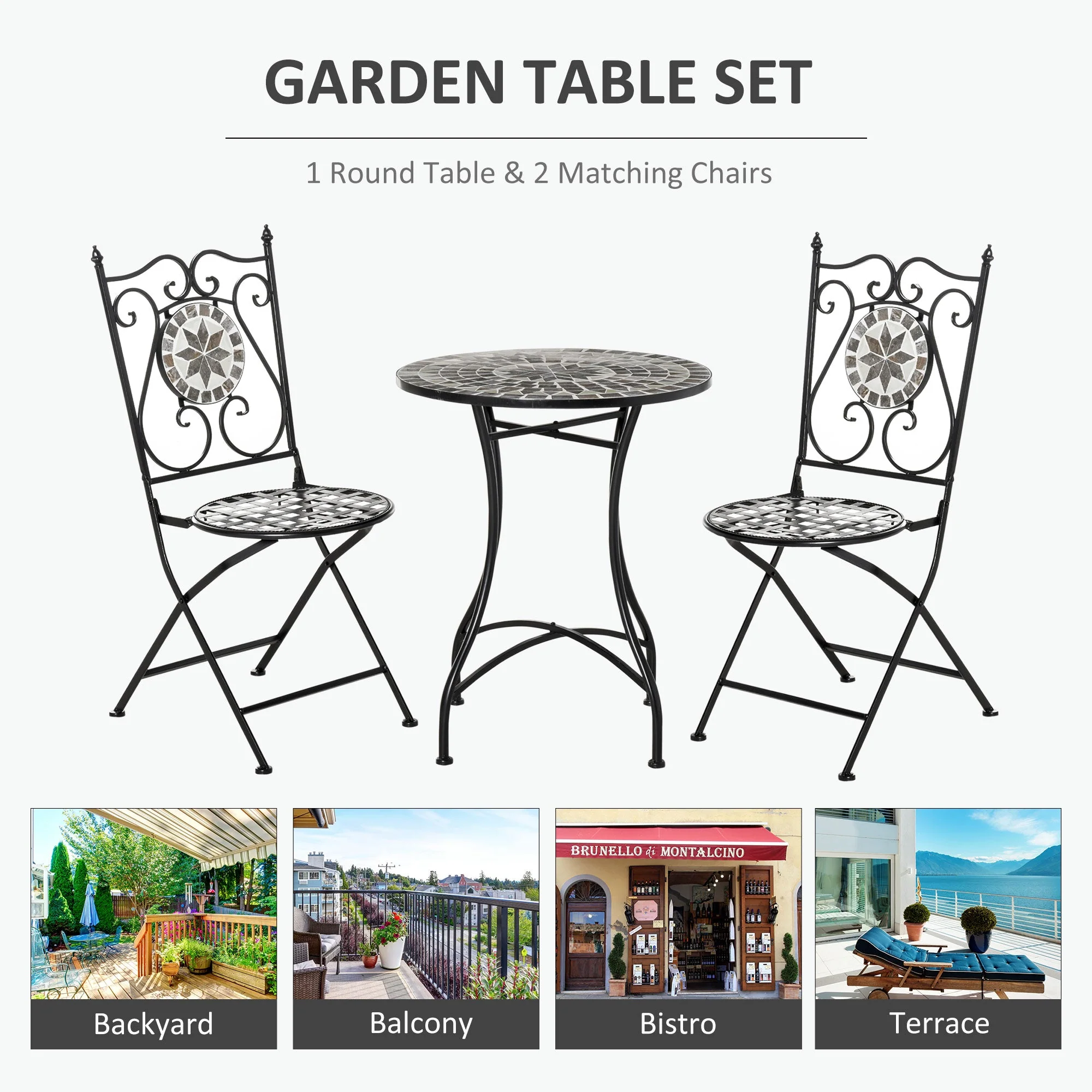 Outsunny 3 Pcs Mosaic Tile Garden Bistro Set Outdoor Seating w/ Table 2 Folding Chairs Set Metal Frame Elegant Scrolling Indoor Patio Balcony - Image 5