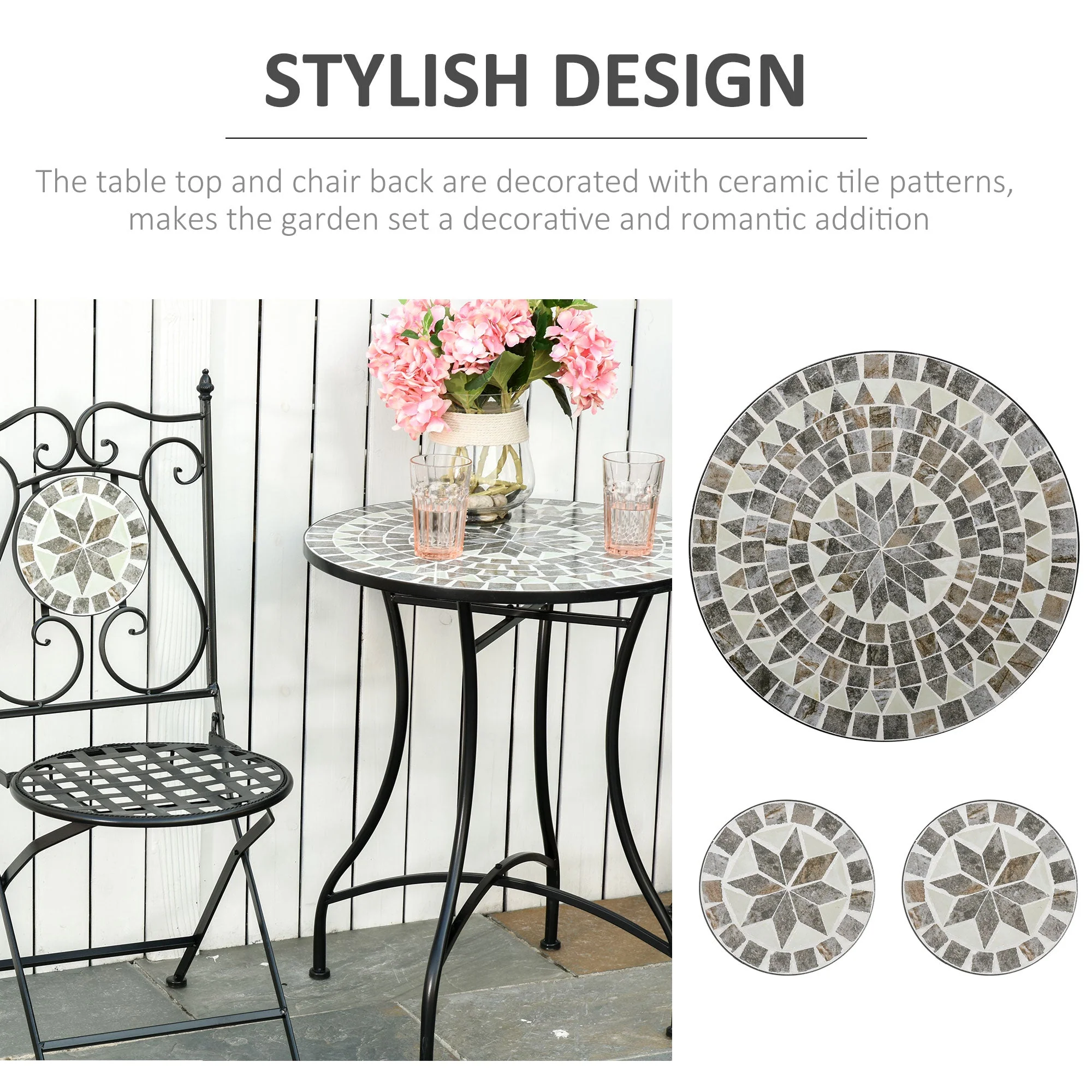 Outsunny 3 Pcs Mosaic Tile Garden Bistro Set Outdoor Seating w/ Table 2 Folding Chairs Set Metal Frame Elegant Scrolling Indoor Patio Balcony - Image 6