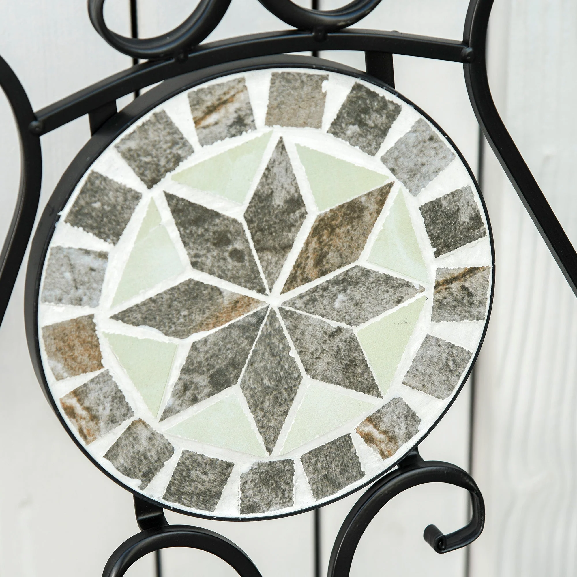 Outsunny 3 Pcs Mosaic Tile Garden Bistro Set Outdoor Seating w/ Table 2 Folding Chairs Set Metal Frame Elegant Scrolling Indoor Patio Balcony - Image 7
