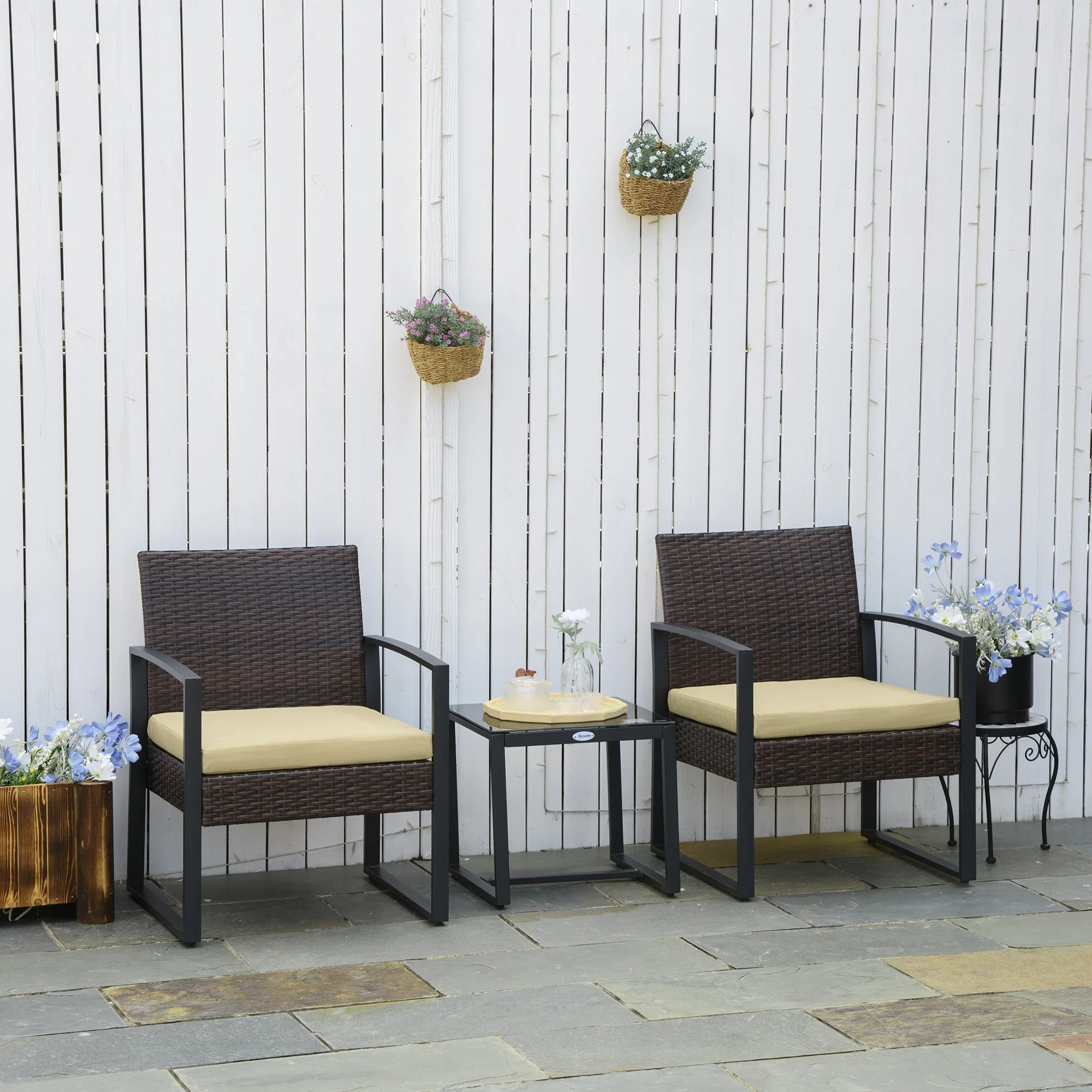 Outsunny 3 Pcs Pe Rattan Wicker Garden Furniture Patio Bistro Set Weave Conservatory Sofa Coffee Table And Chairs Set Beige - Image 2