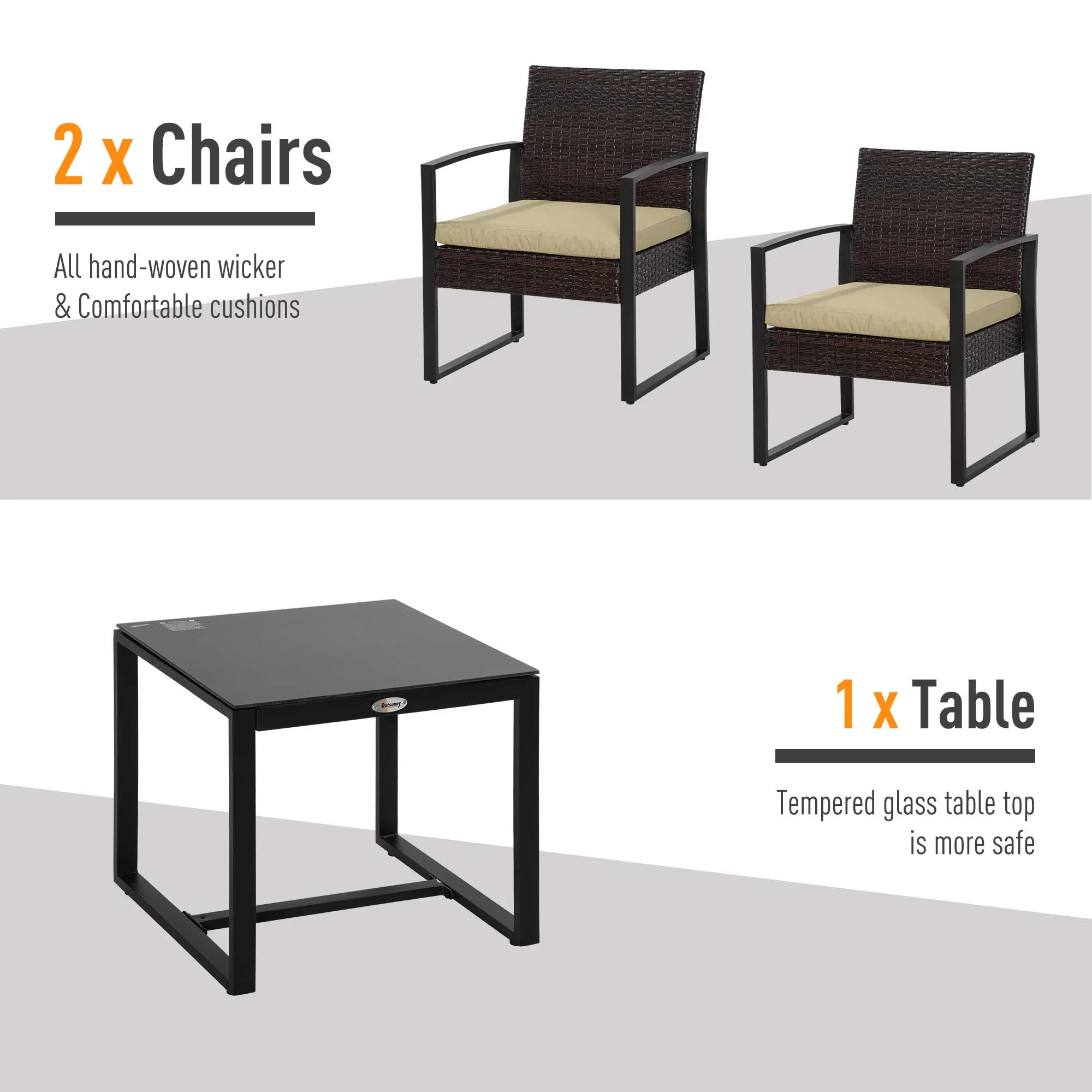 Outsunny 3 Pcs Pe Rattan Wicker Garden Furniture Patio Bistro Set Weave Conservatory Sofa Coffee Table And Chairs Set Beige - Image 5