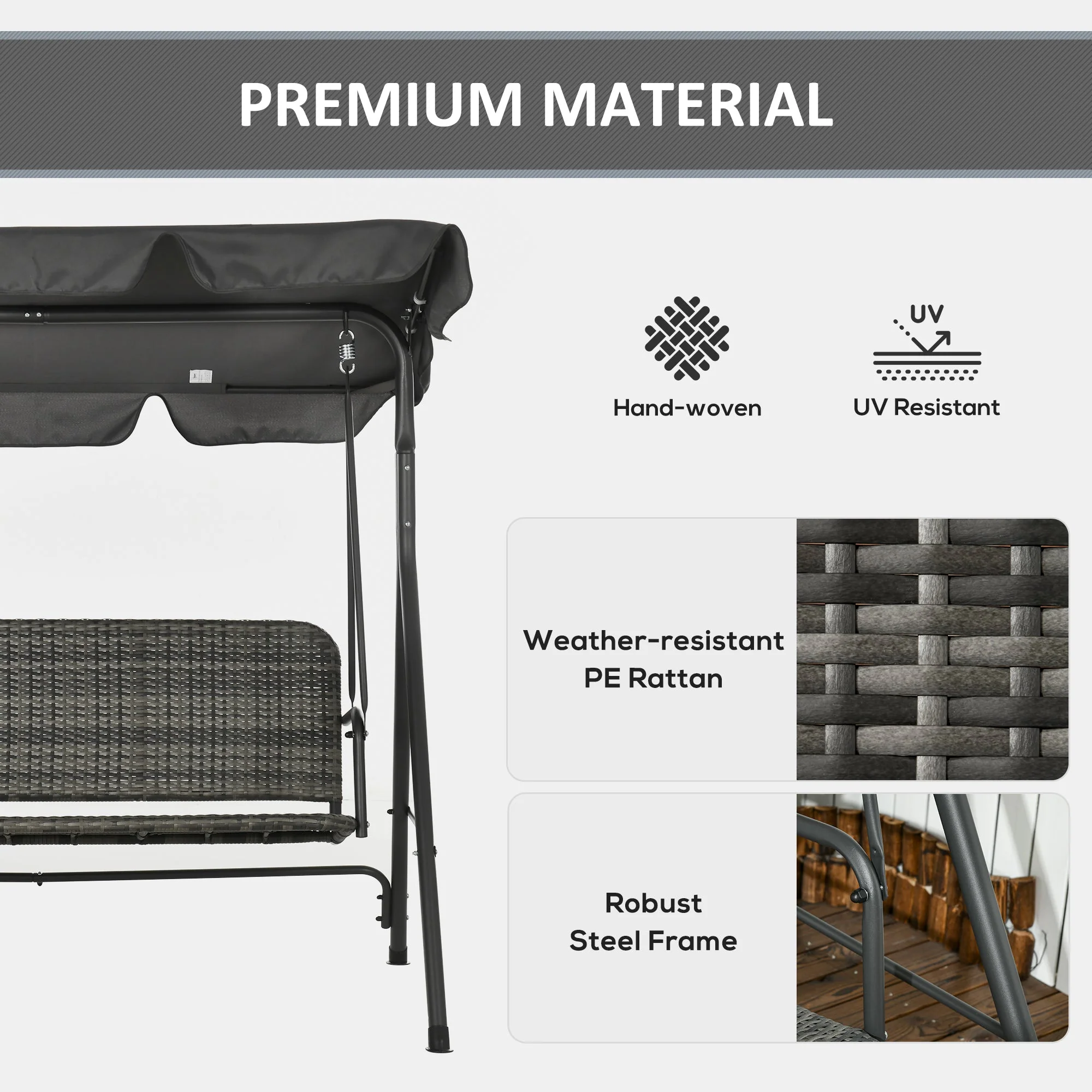 Outsunny 3-person Outdoor PE Rattan Swing Chair - Image 4