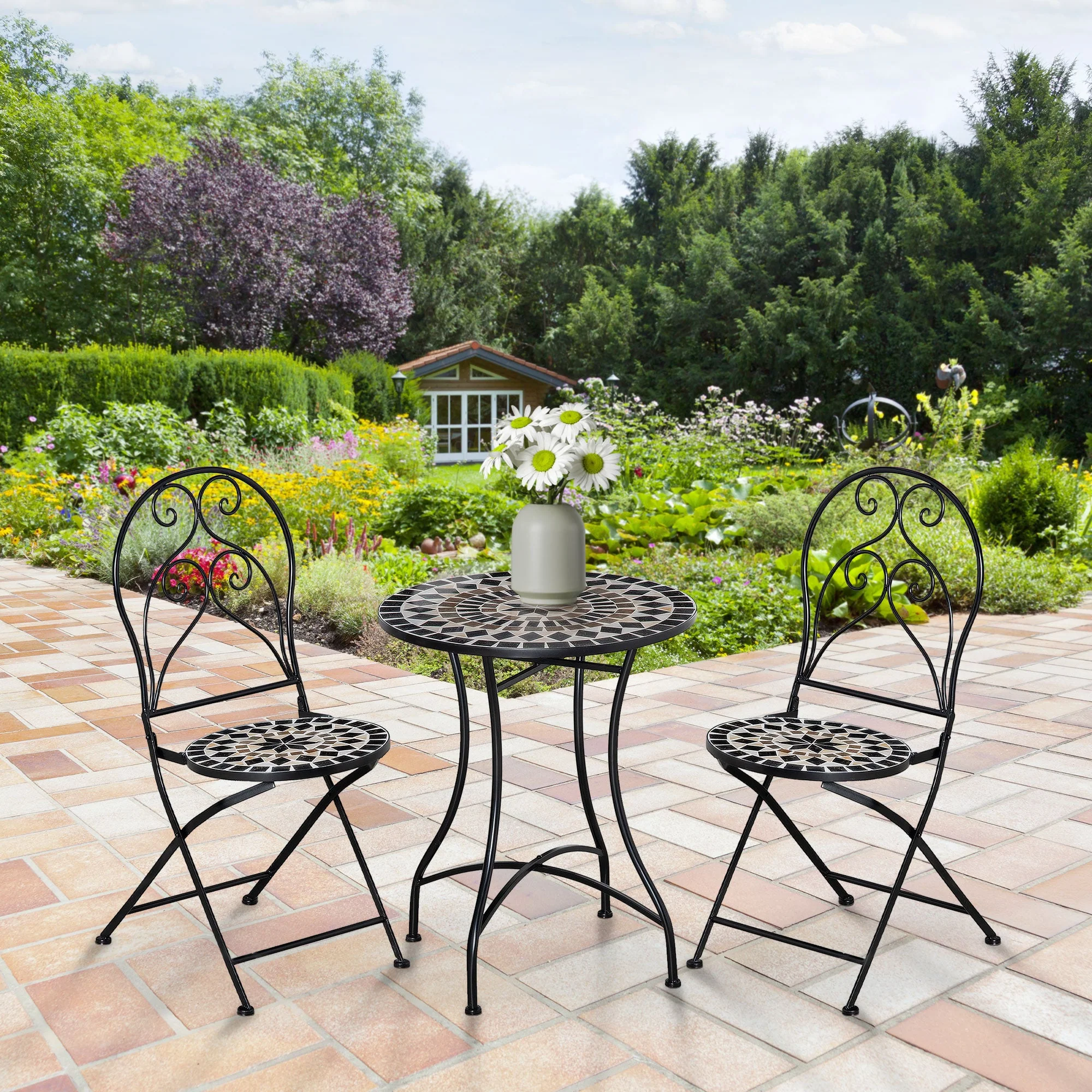 Outsunny 3 Piece Garden Bistro Set with Coffee Table and 2 Folding Chairs - Image 2