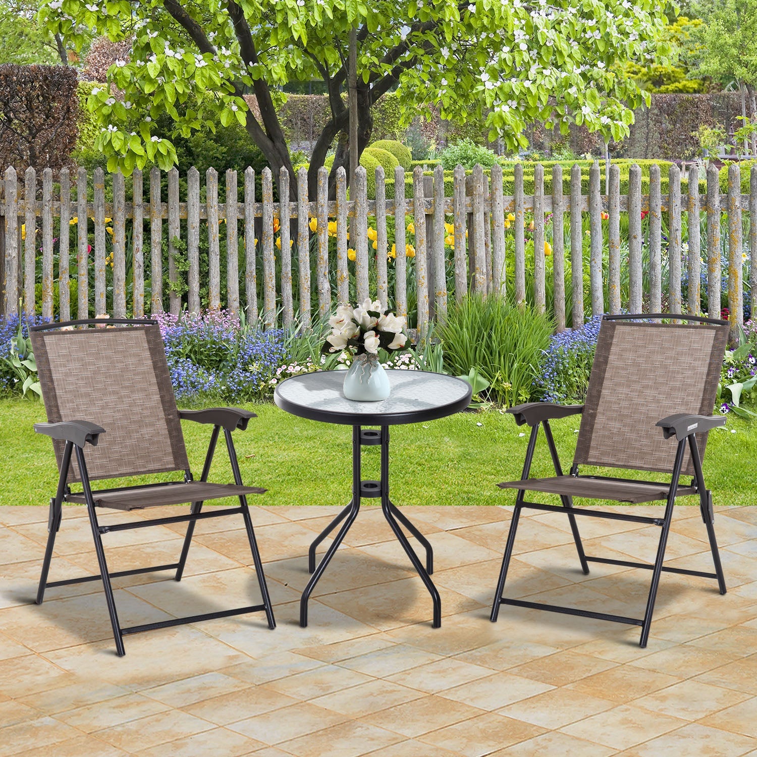 Outsunny 3 Piece Patio Furniture Bistro Set 2 Folding Chairs 1 Tempered Glass Table Adjustable Backrest - Brown - Image 2
