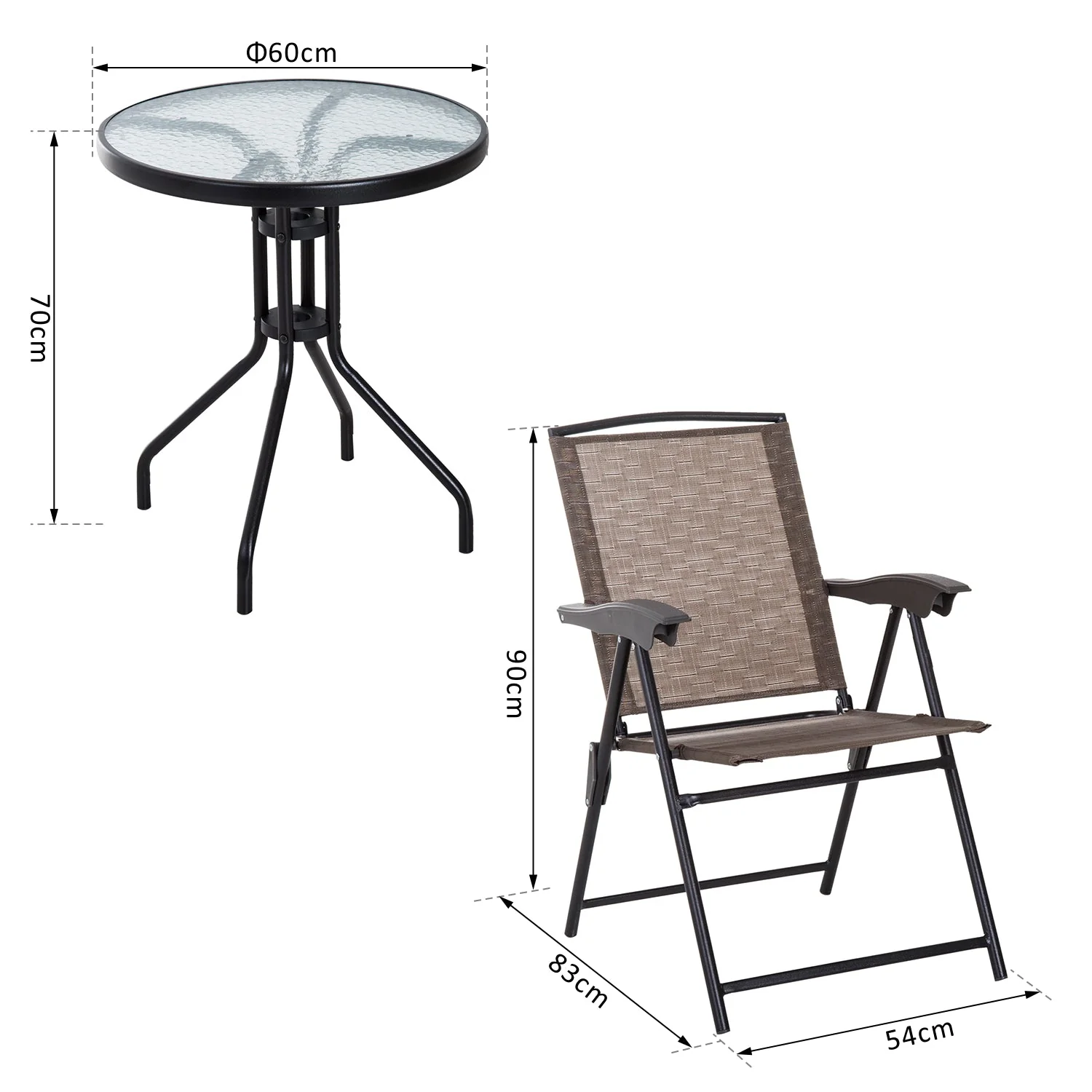 Outsunny 3 Piece Patio Furniture Bistro Set 2 Folding Chairs 1 Tempered Glass Table Adjustable Backrest - Brown - Image 3