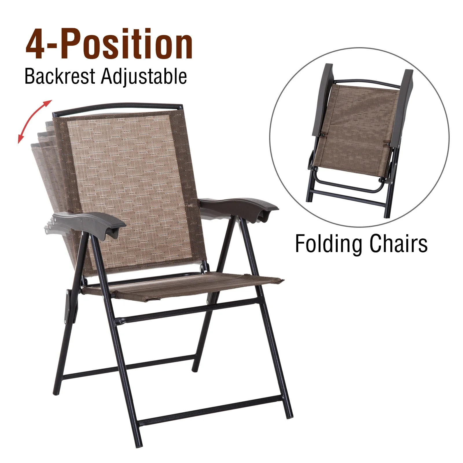 Outsunny 3 Piece Patio Furniture Bistro Set 2 Folding Chairs 1 Tempered Glass Table Adjustable Backrest - Brown - Image 4