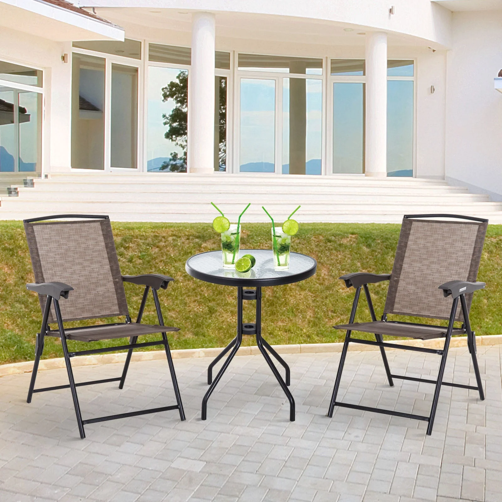 Outsunny 3 Piece Patio Furniture Bistro Set 2 Folding Chairs 1 Tempered Glass Table Adjustable Backrest - Brown - Image 9