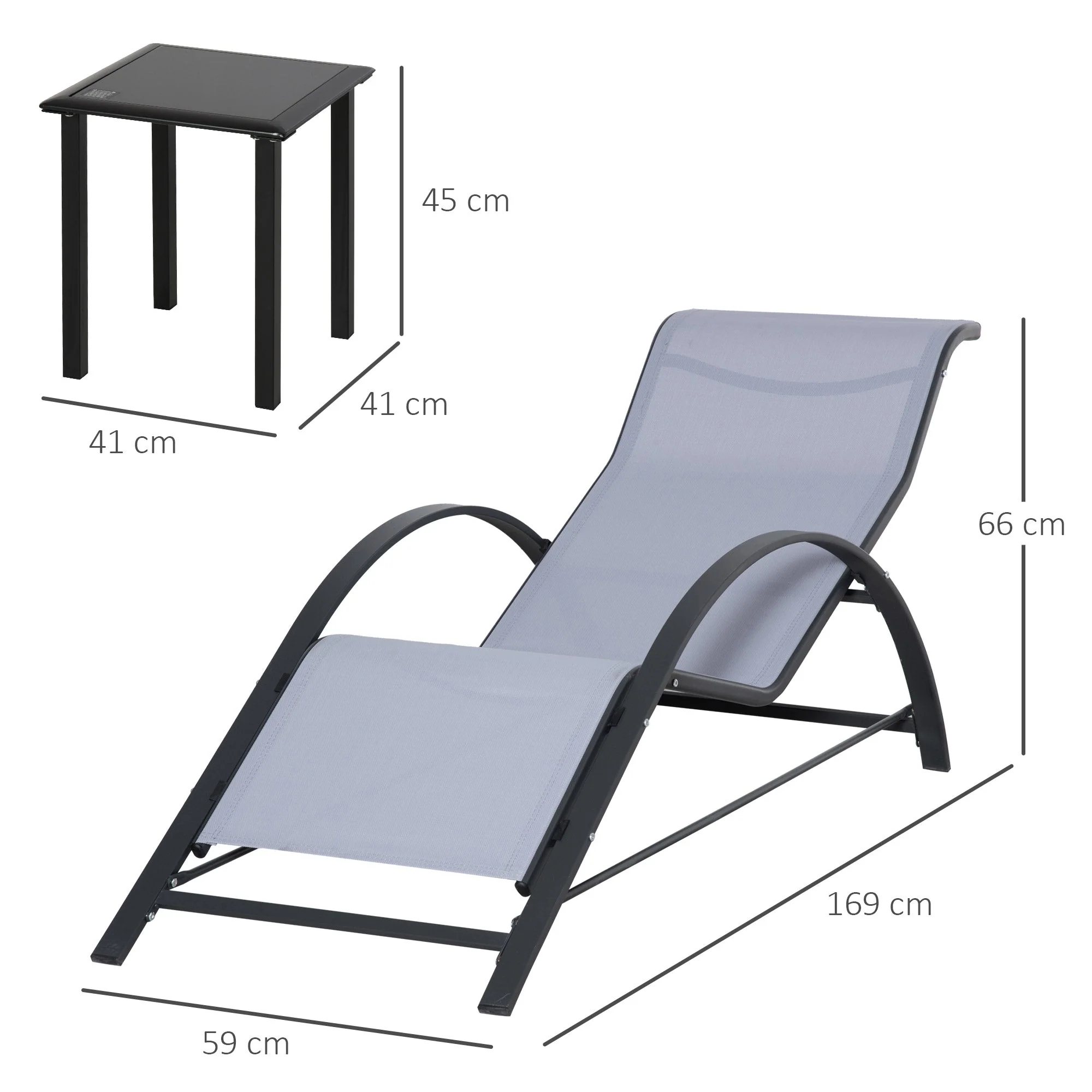 Outsunny 3 Pieces Lounge Chair Set Metal Frame Garden Outdoor Recliner Sunbathing Chair with Table - Image 2