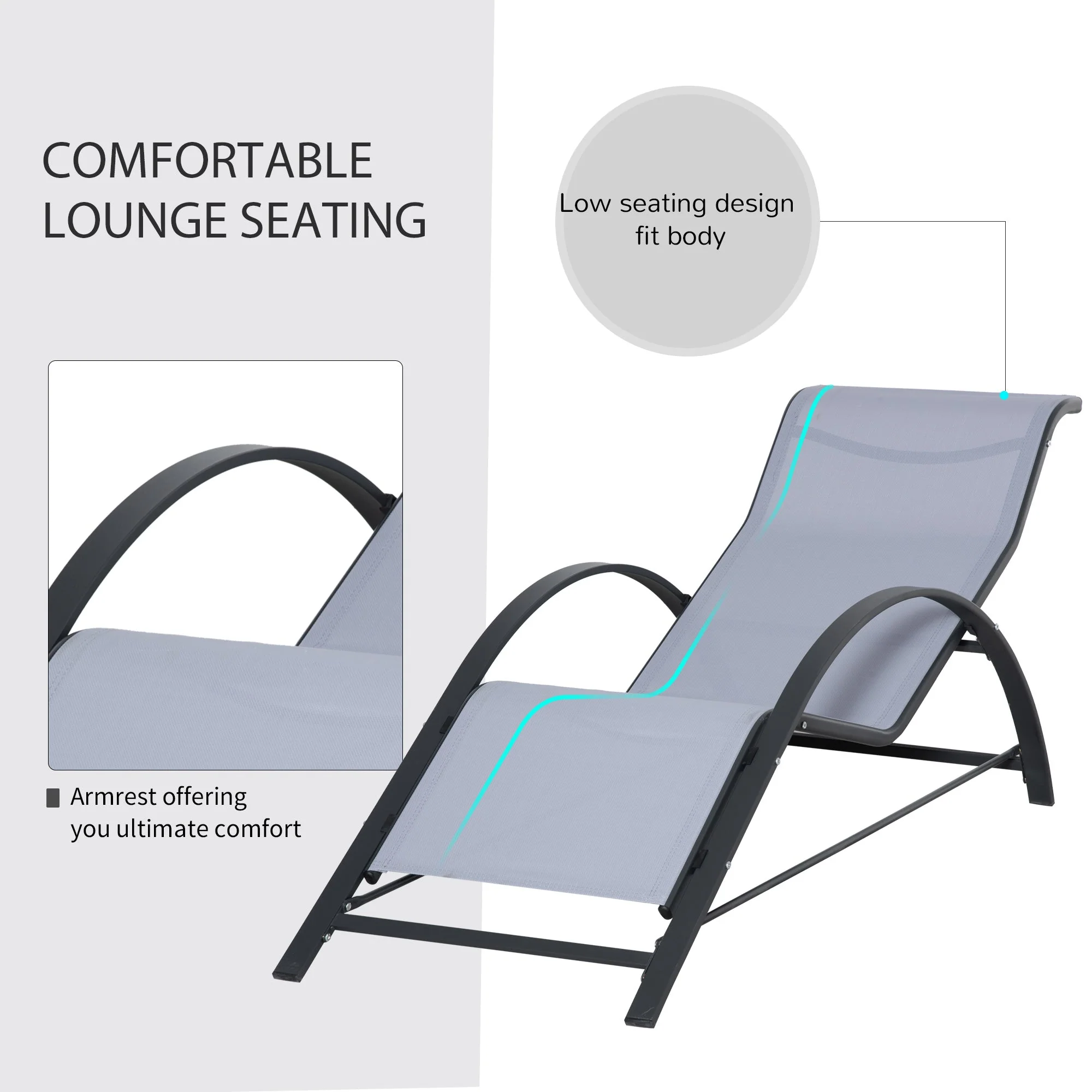 Outsunny 3 Pieces Lounge Chair Set Metal Frame Garden Outdoor Recliner Sunbathing Chair with Table - Image 3