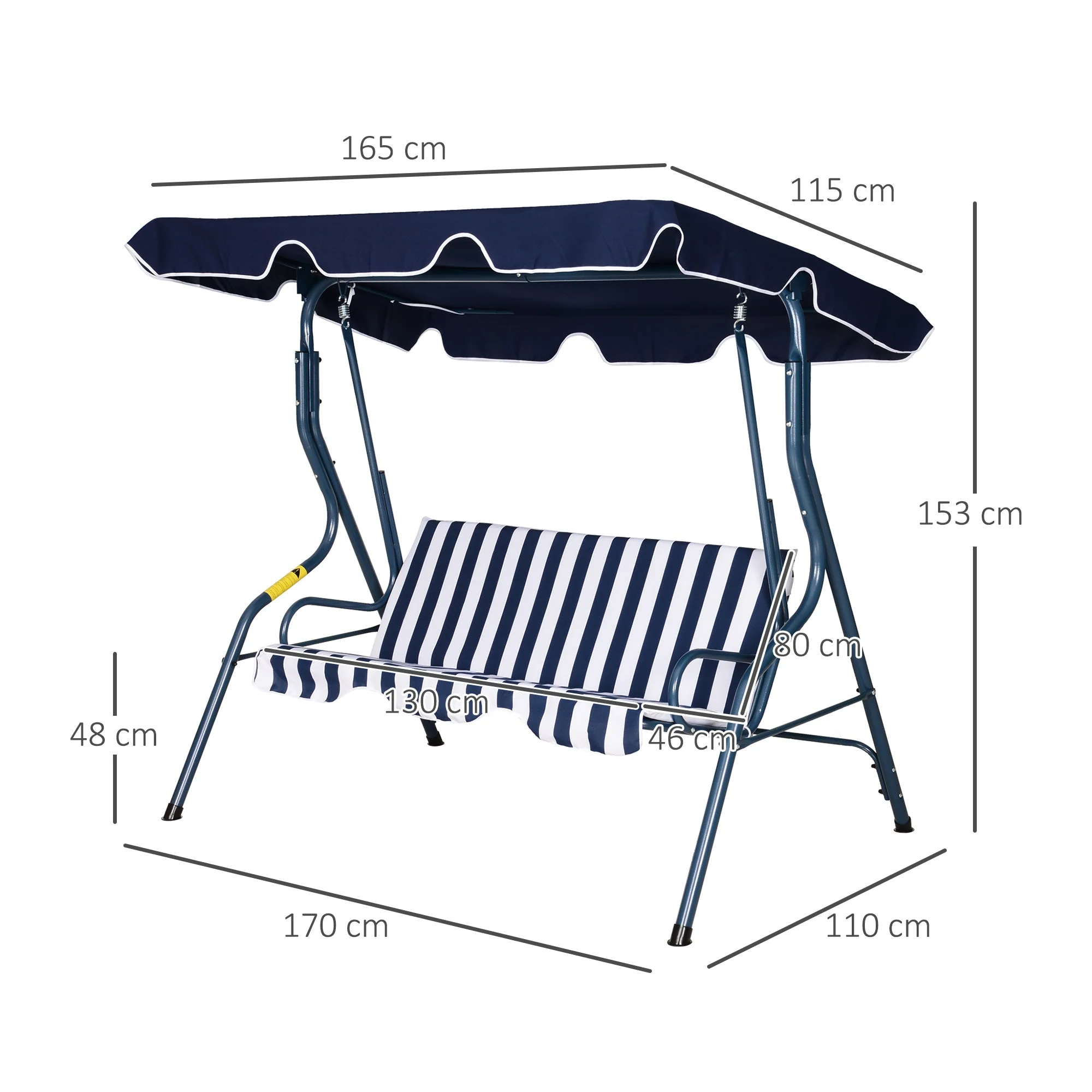 Outsunny 3 Seater Canopy Swing Chair Outdoor Garden Bench With Adjustable Canopy And Metal Frame - Blue Stripes - Image 3