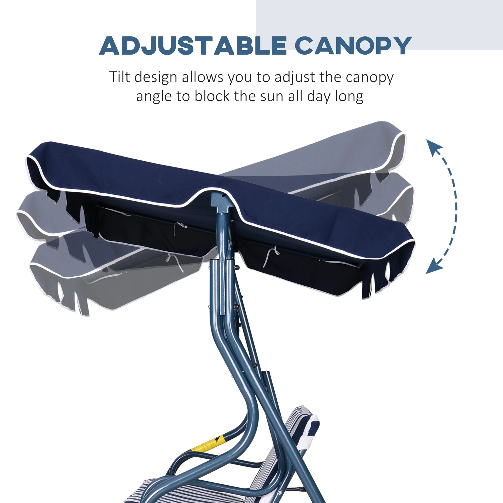 Outsunny 3 Seater Canopy Swing Chair Outdoor Garden Bench With Adjustable Canopy And Metal Frame - Blue Stripes - Image 4