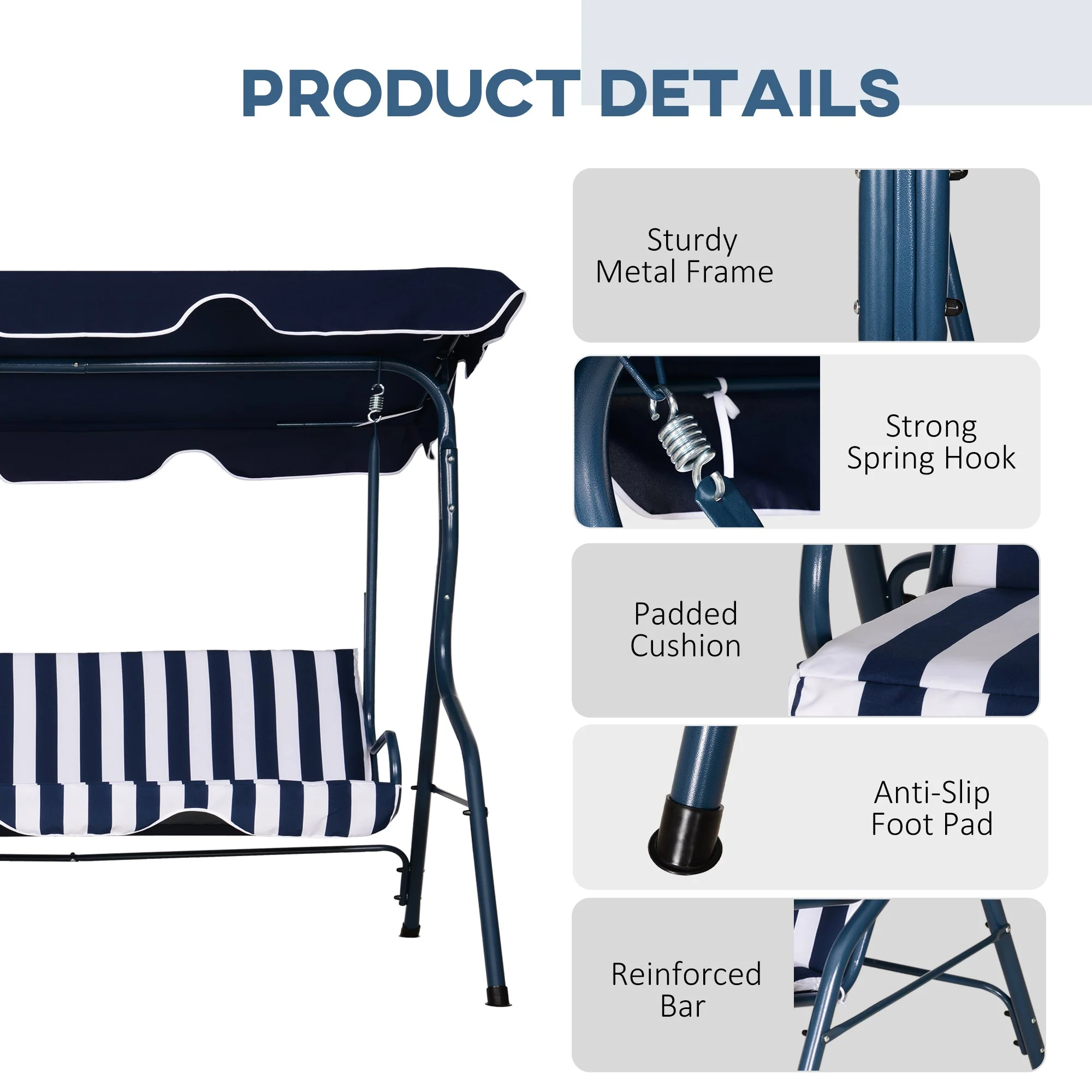 Outsunny 3 Seater Canopy Swing Chair Outdoor Garden Bench With Adjustable Canopy And Metal Frame - Blue Stripes - Image 5