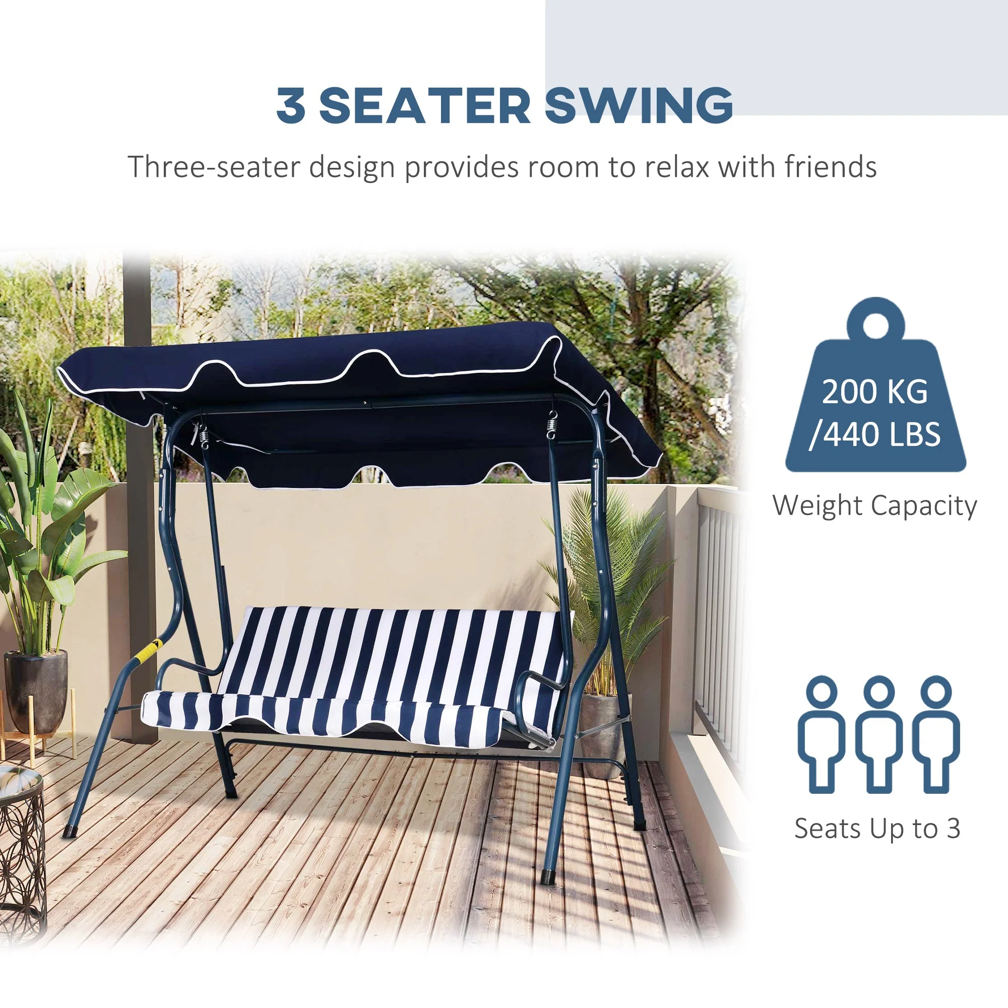 Outsunny 3 Seater Canopy Swing Chair Outdoor Garden Bench With Adjustable Canopy And Metal Frame - Blue Stripes - Image 6