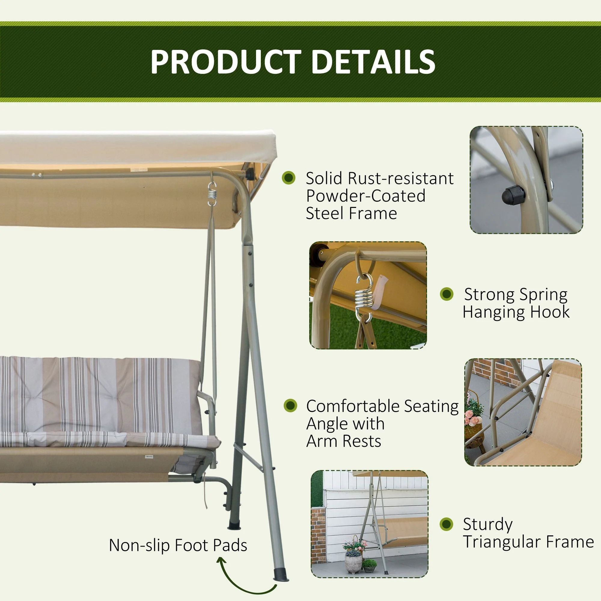 Outsunny 3 Seater Garden Swing Chair - Image 5