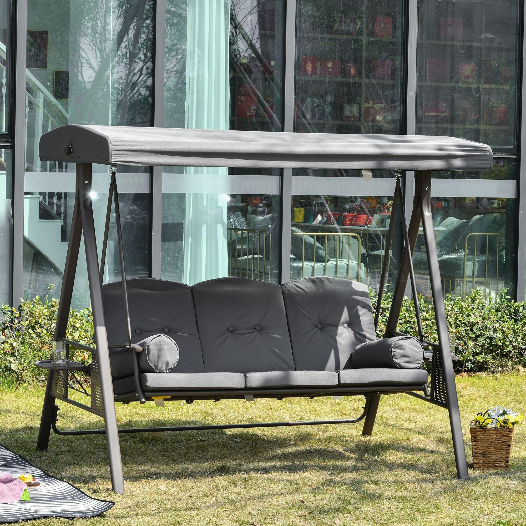 Outsunny 3 Seater Garden Swing Chair Outdoor Hammock Bench w/ Adjustable Canopy - Image 2