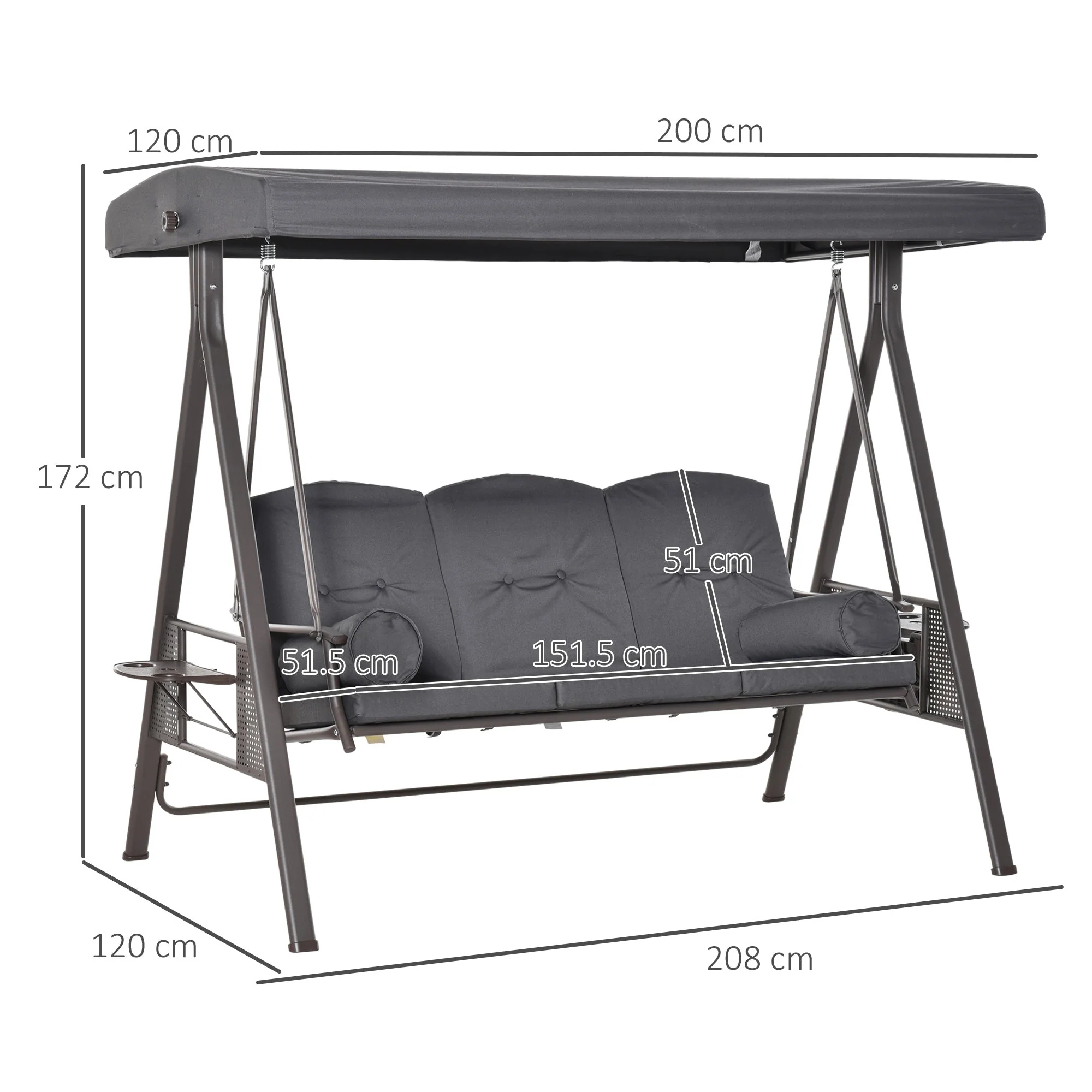 Outsunny 3 Seater Garden Swing Chair Outdoor Hammock Bench w/ Adjustable Canopy - Image 3