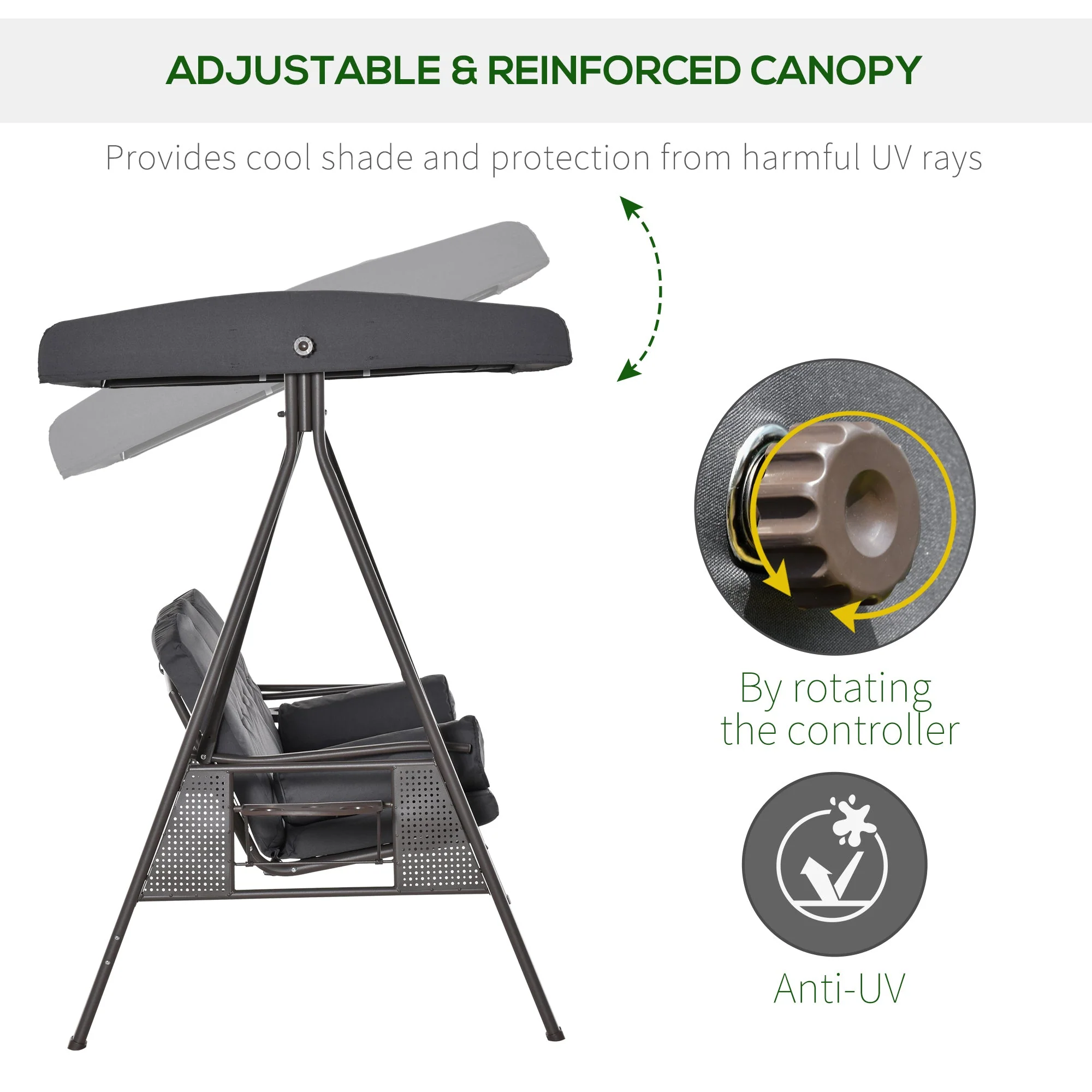 Outsunny 3 Seater Garden Swing Chair Outdoor Hammock Bench w/ Adjustable Canopy - Image 5