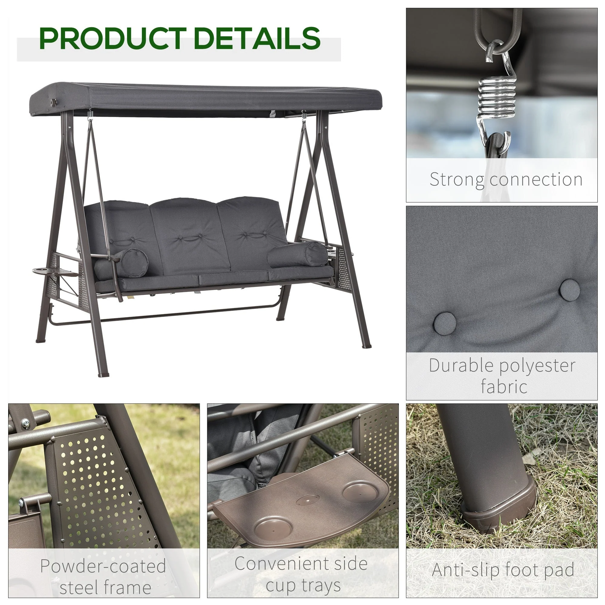 Outsunny 3 Seater Garden Swing Chair Outdoor Hammock Bench w/ Adjustable Canopy - Image 6
