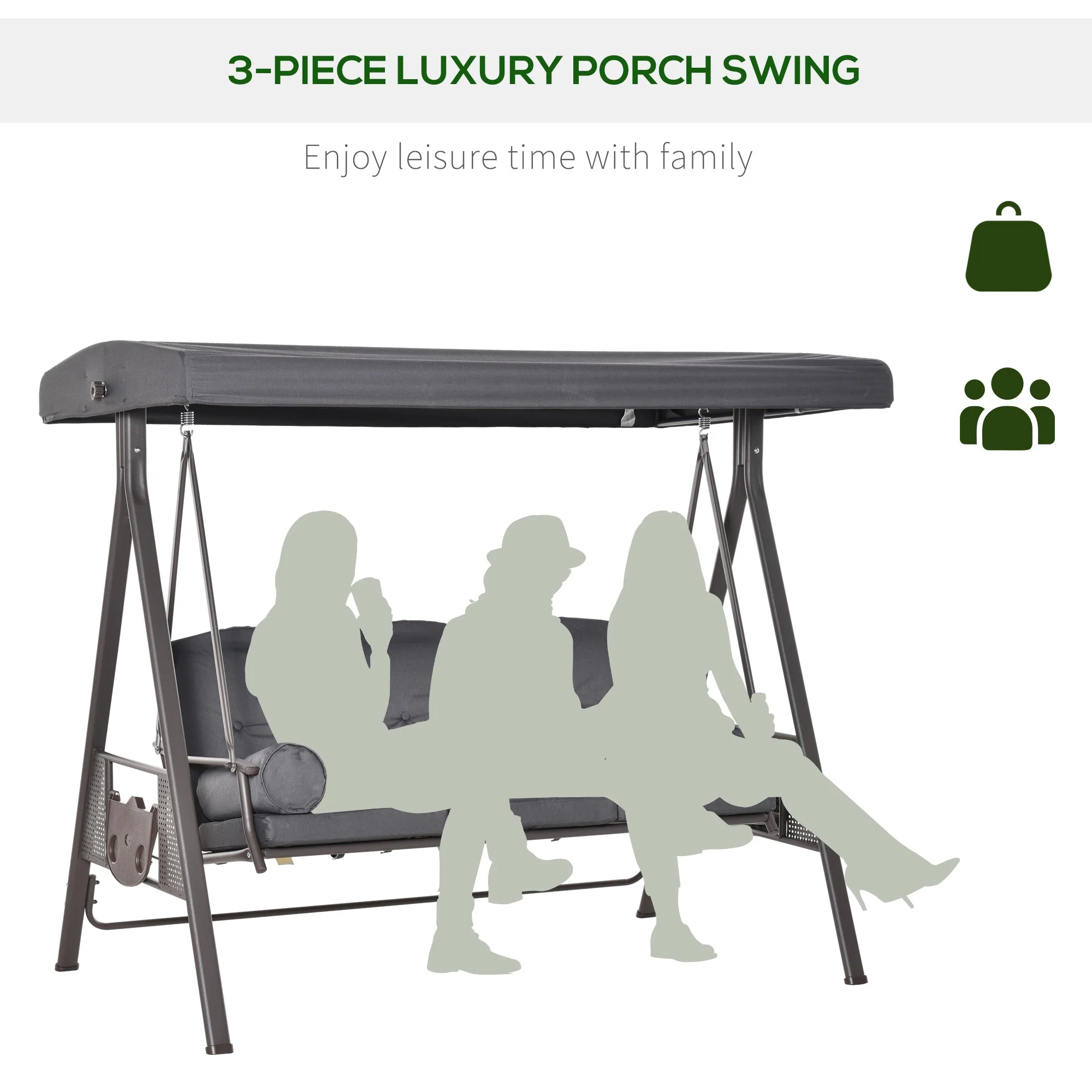 Outsunny 3 Seater Garden Swing Chair Outdoor Hammock Bench w/ Adjustable Canopy - Image 7