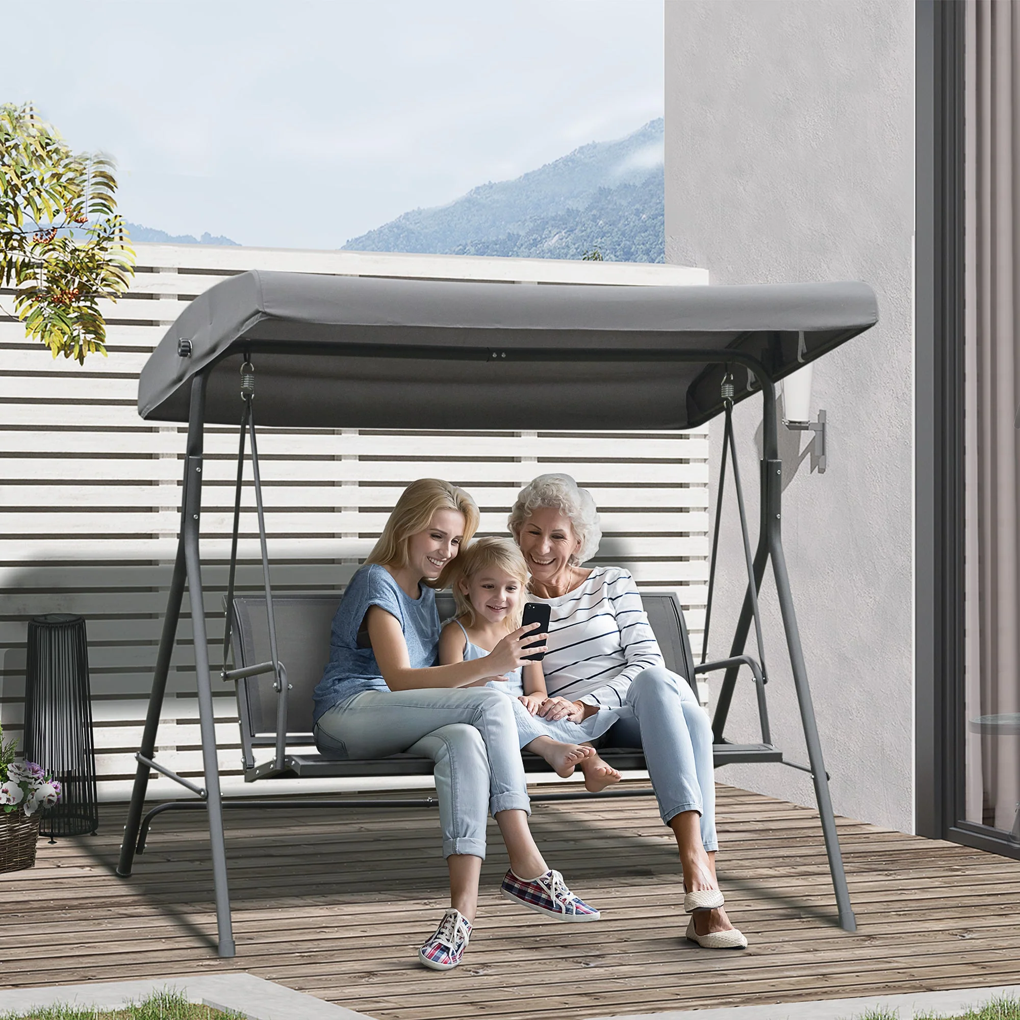 Outsunny 3 Seater Swing Chair Garden Swing Bench Outdoor Hammock With Adjustable Canopy Steel Frame Grey - Image 2