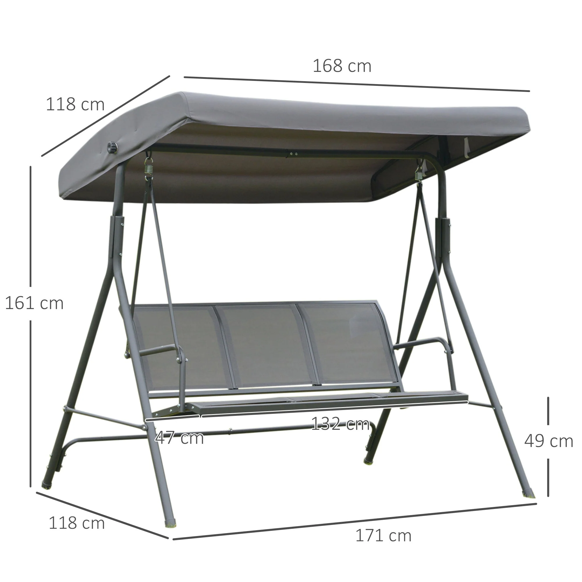 Outsunny 3 Seater Swing Chair Garden Swing Bench Outdoor Hammock With Adjustable Canopy Steel Frame Grey - Image 3