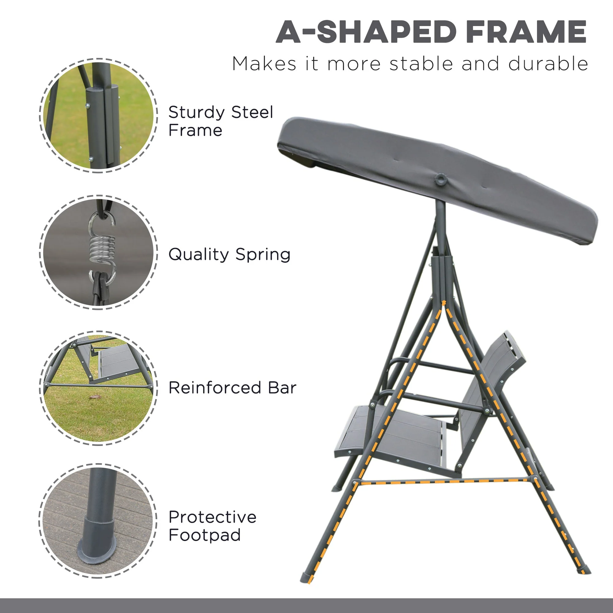 Outsunny 3 Seater Swing Chair Garden Swing Bench Outdoor Hammock With Adjustable Canopy Steel Frame Grey - Image 4