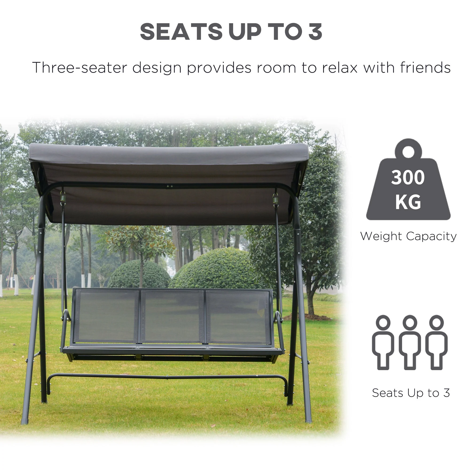 Outsunny 3 Seater Swing Chair Garden Swing Bench Outdoor Hammock With Adjustable Canopy Steel Frame Grey - Image 6
