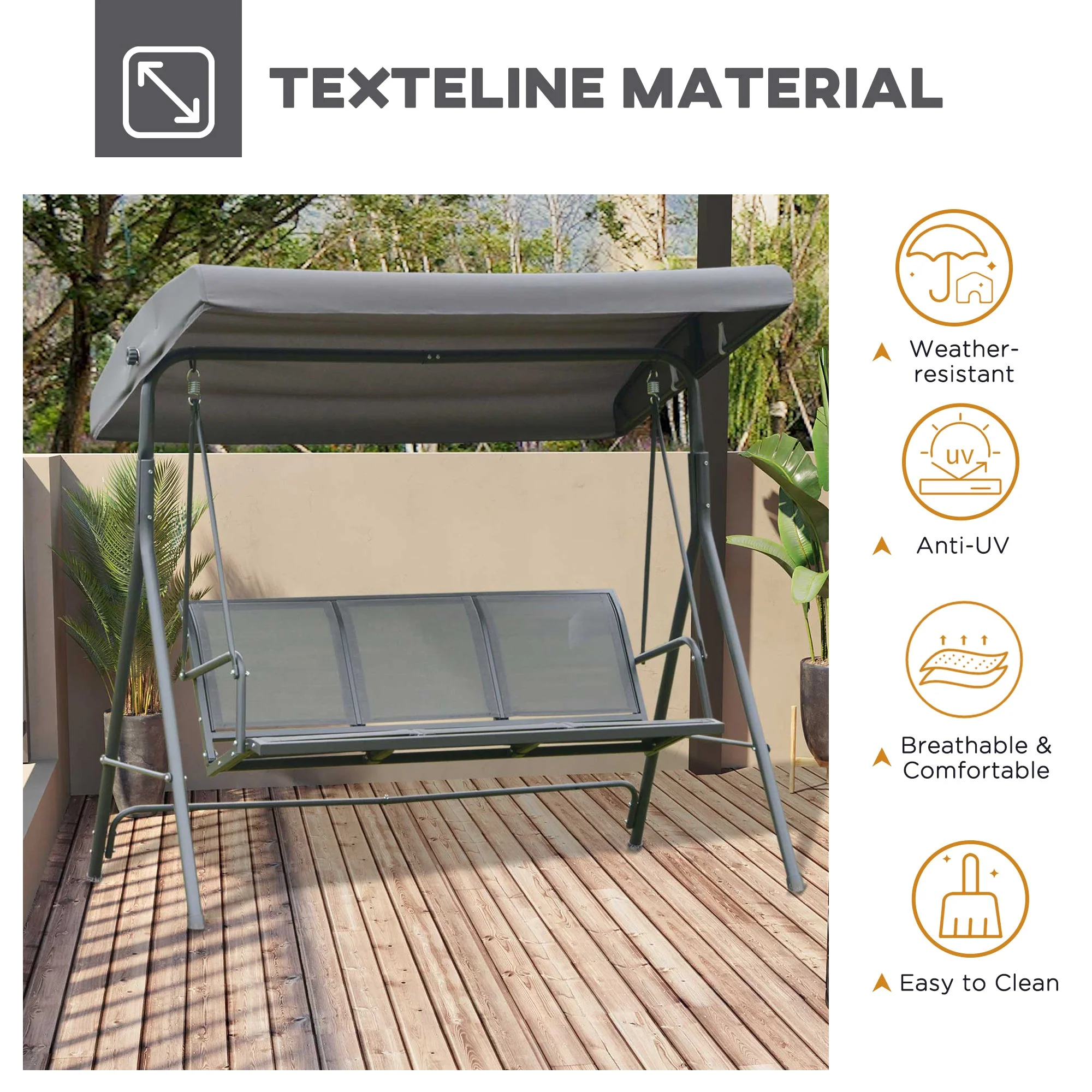 Outsunny 3 Seater Swing Chair Garden Swing Bench Outdoor Hammock With Adjustable Canopy Steel Frame Grey - Image 7