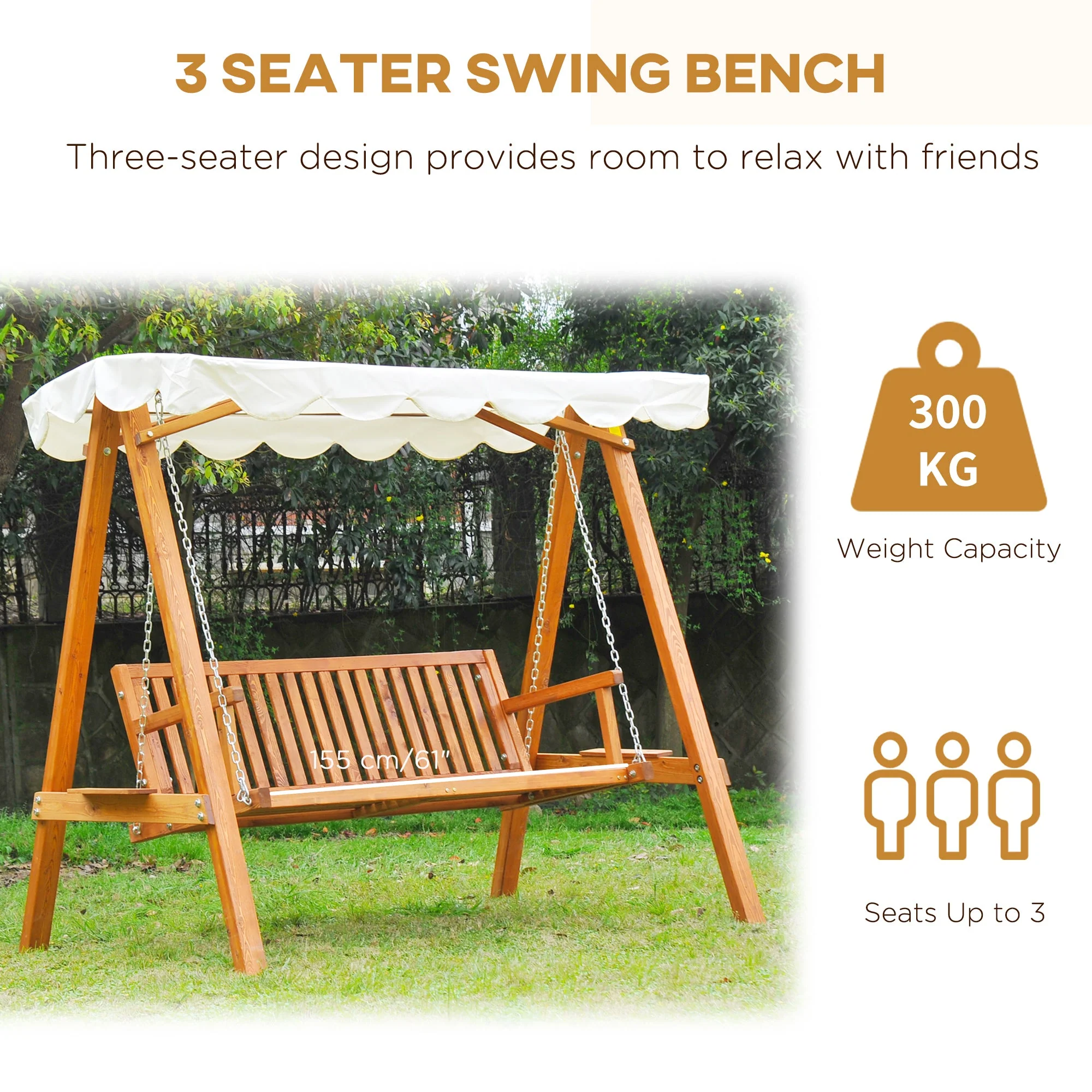 Outsunny 3 Seater Wooden Garden Swing Seat Canopy Swing Chair Outdoor Hammock Bench - Image 6