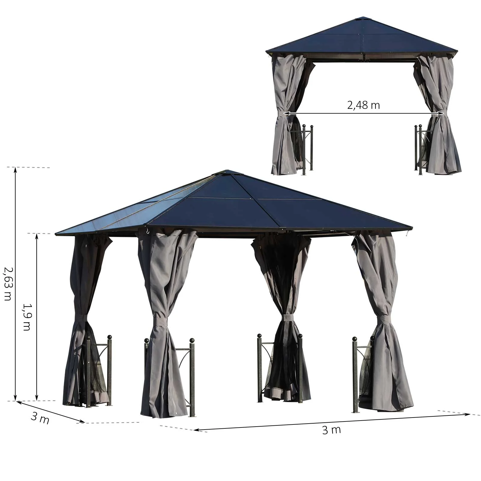 Outsunny 3 x 3(m) Hardtop Gazebo Canopy with Polycarbonate Roof - Image 3