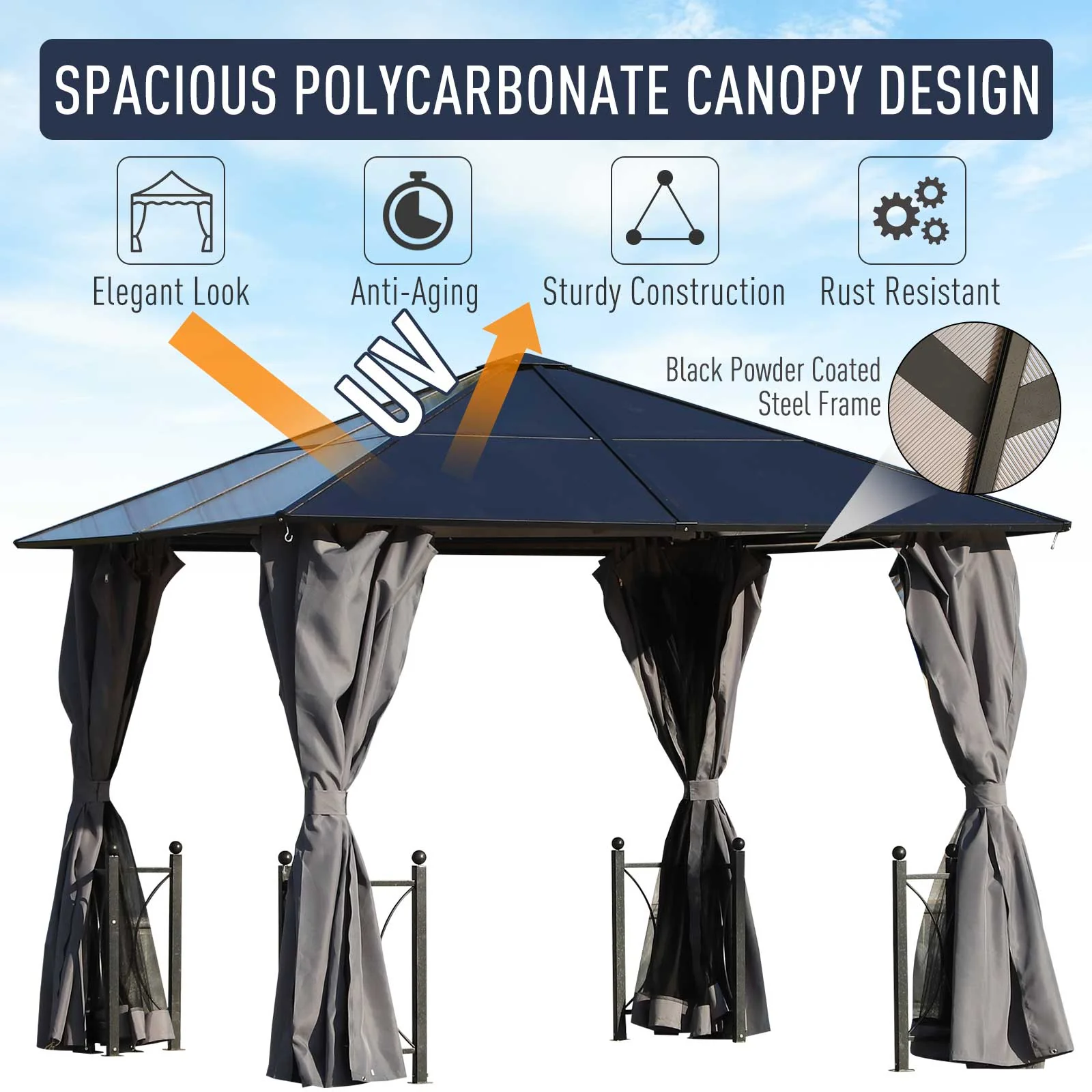 Outsunny 3 x 3(m) Hardtop Gazebo Canopy with Polycarbonate Roof - Image 5