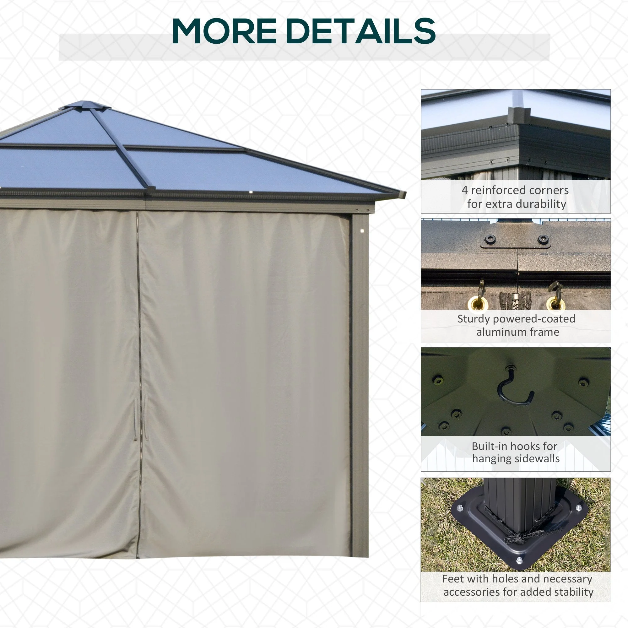 Outsunny 3 x 3(m) Hardtop Gazebo with UV Resistant Polycarbonate Roof & Aluminium Frame - Image 5