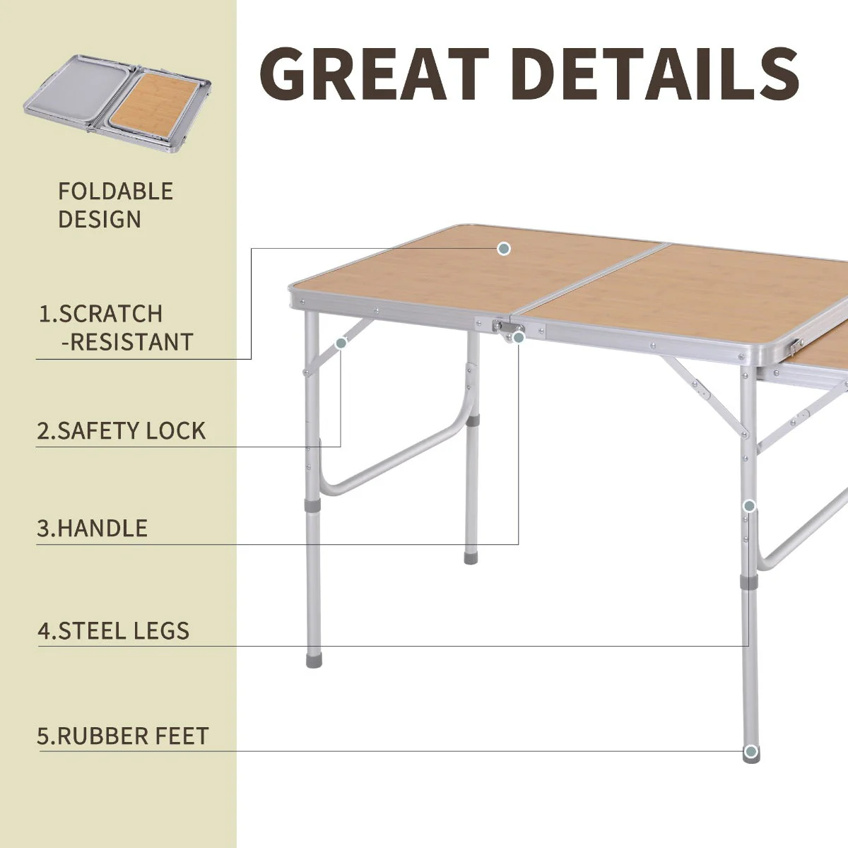 Outsunny 3ft Aluminium Medium-density fibreboard-Top Folding Picnic Table Portable Camping Table - Image 6