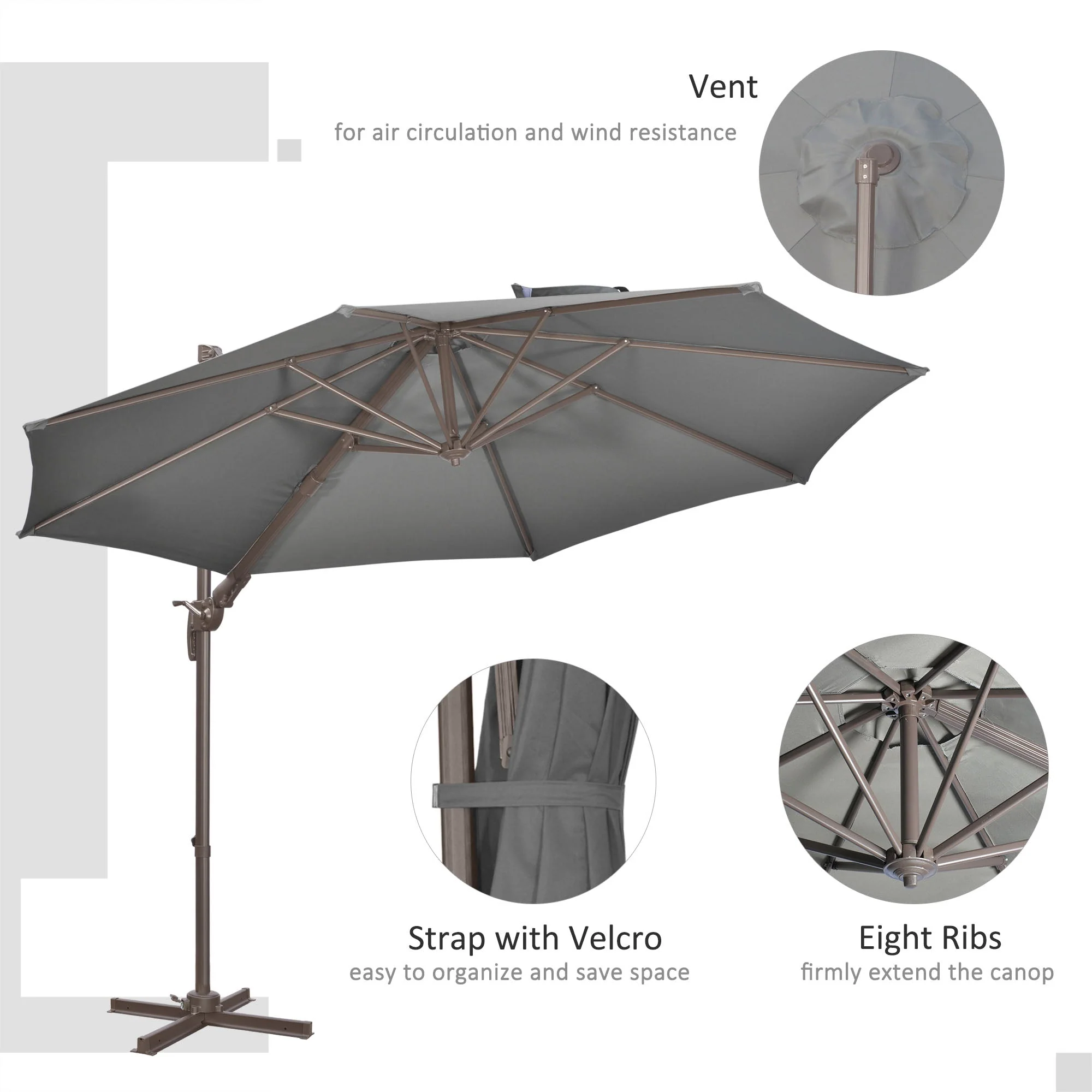 Outsunny 3(M) Cantilever Parasol 360 Rotation Roma Umbrella Hanging Sun Shade With Aluminium Frame - Image 6