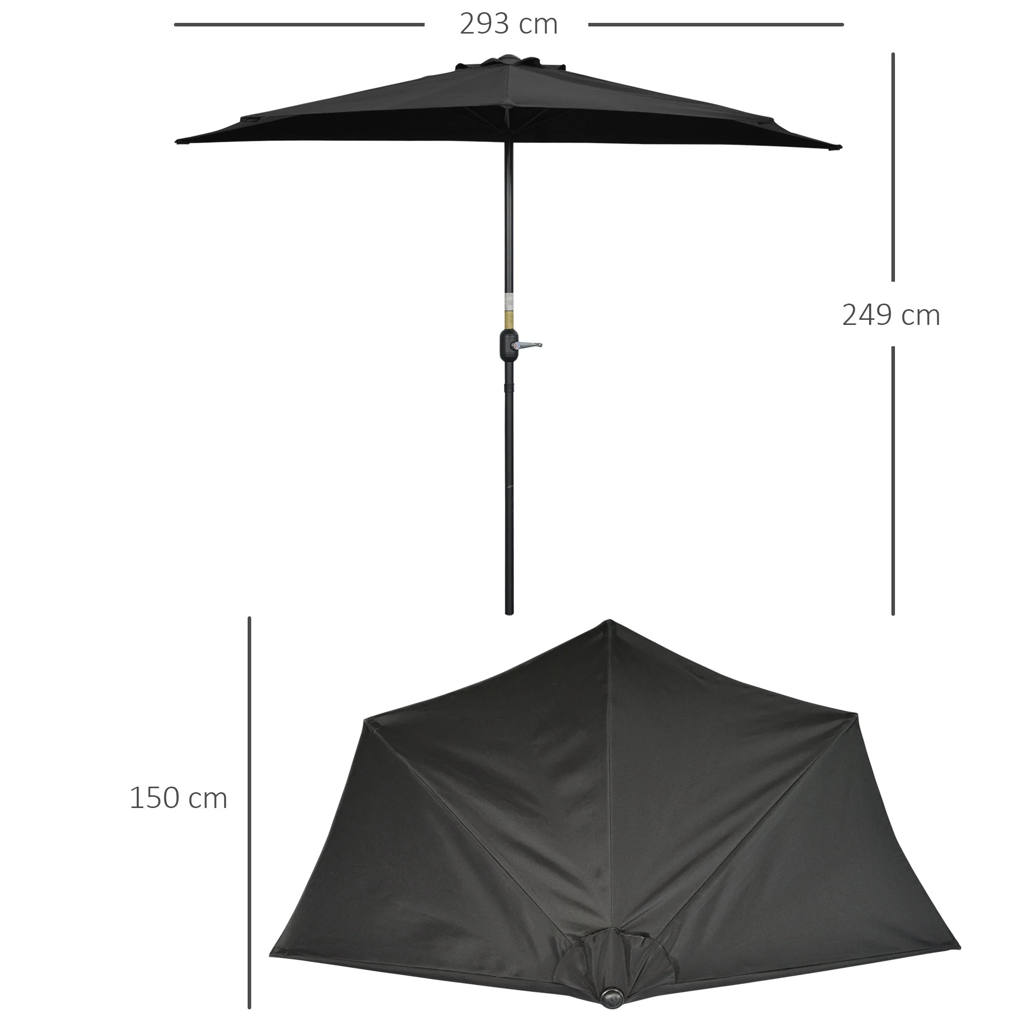 Outsunny 3(m) Half Parasol Semi Round Umbrella Patio Metal Frame Crank Handle for Balcony-- NO BASE INCLUDED - Image 3