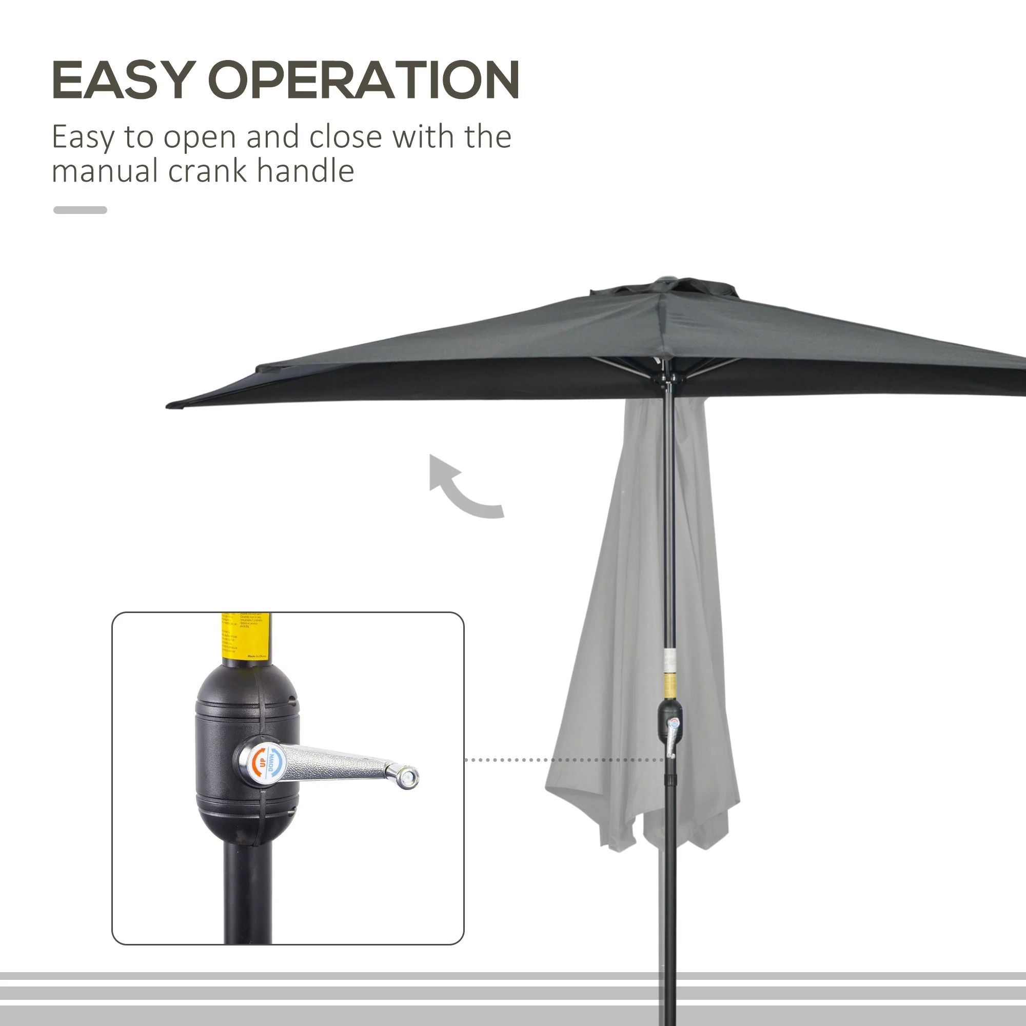 Outsunny 3(m) Half Parasol Semi Round Umbrella Patio Metal Frame Crank Handle for Balcony-- NO BASE INCLUDED - Image 4